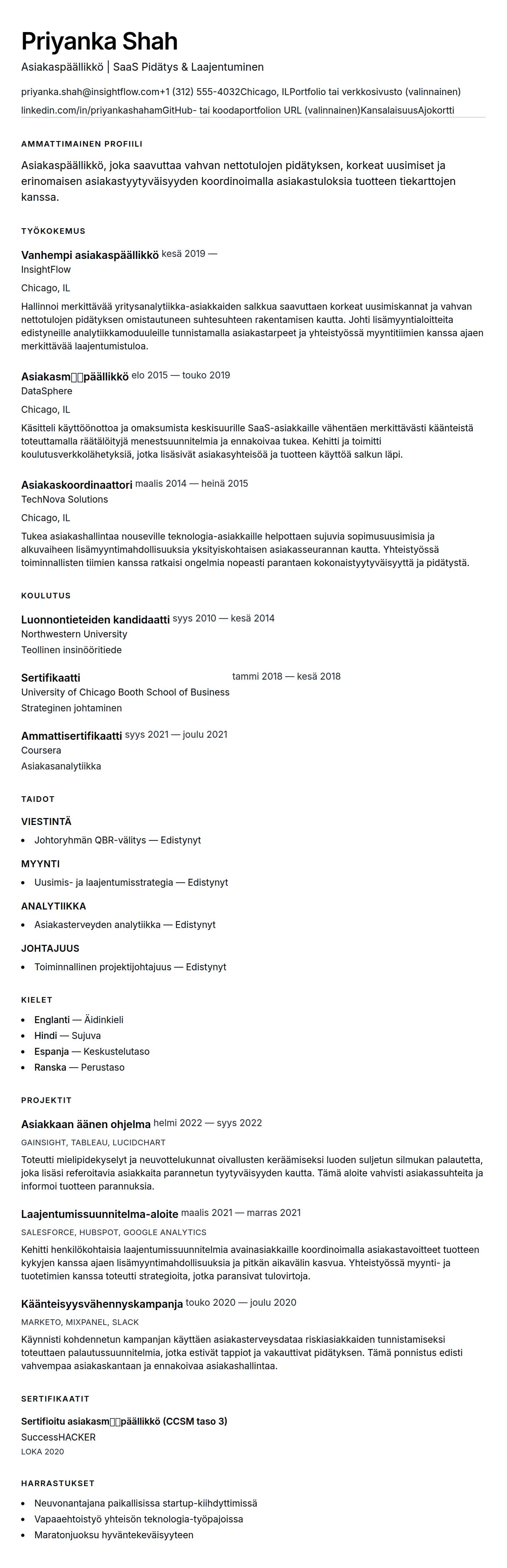Ansioluetteloesikatselu kohteelle Asiakaspäällikön CV-esimerkki