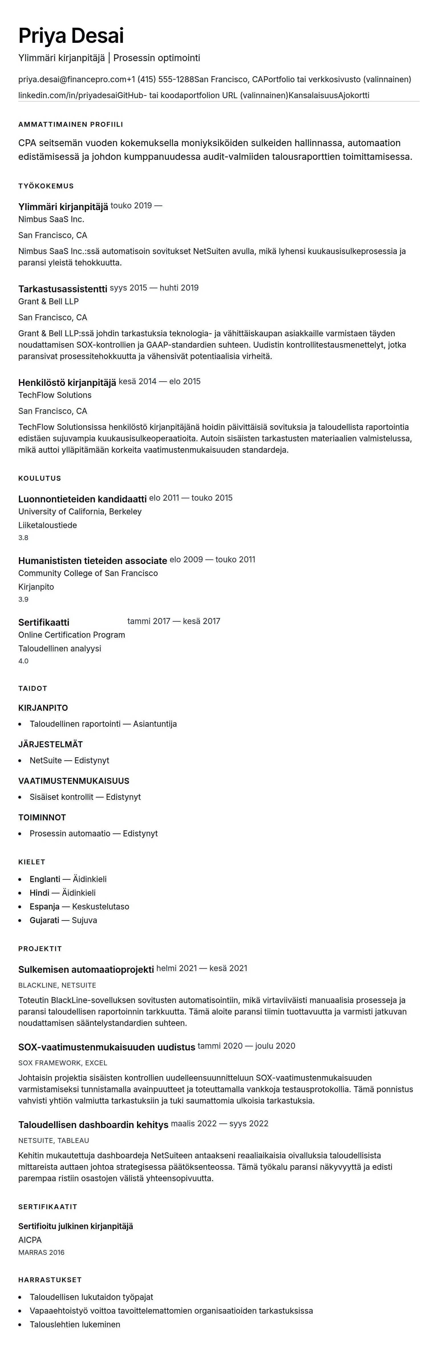 Ansioluetteloesikatselu kohteelle Kirjanpitäjän ansioluetteloesimerkki