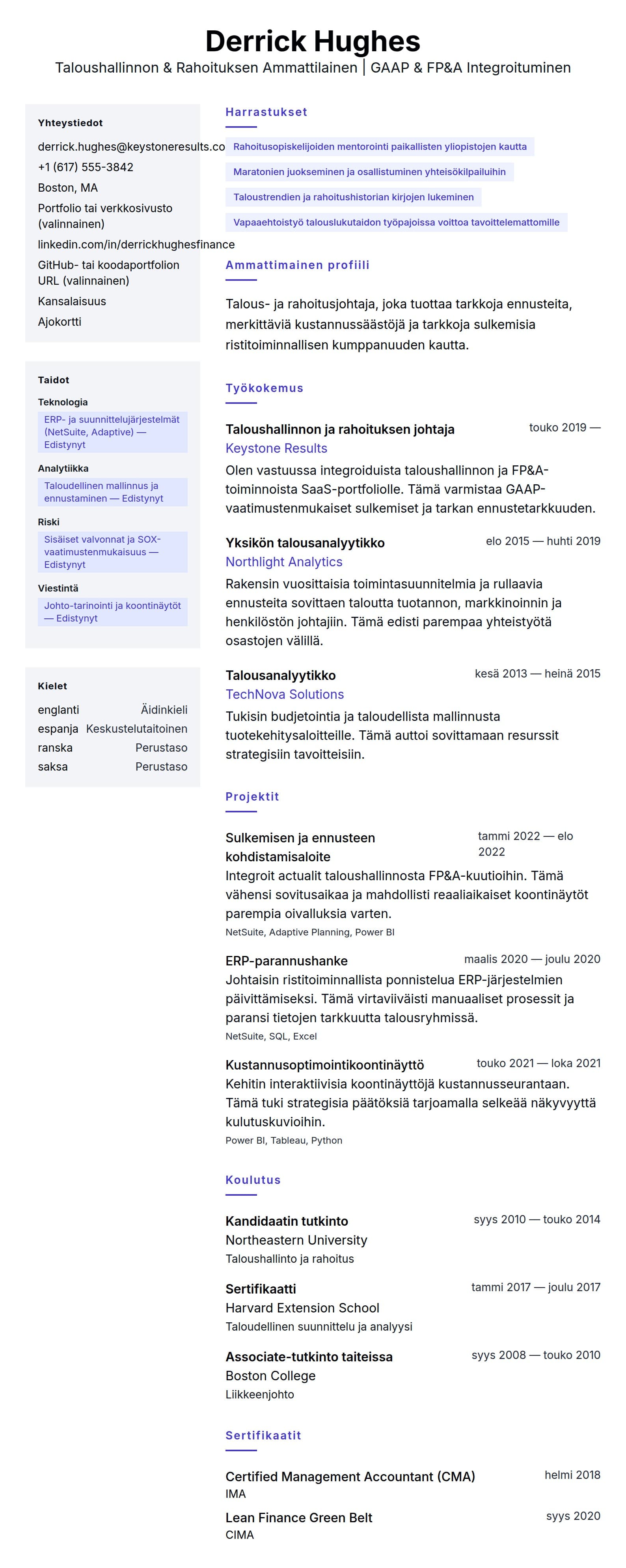 Ansioluetteloesikatselu kohteelle Talous- ja rahoitusammattilaisen ansioluetteloesimerkki