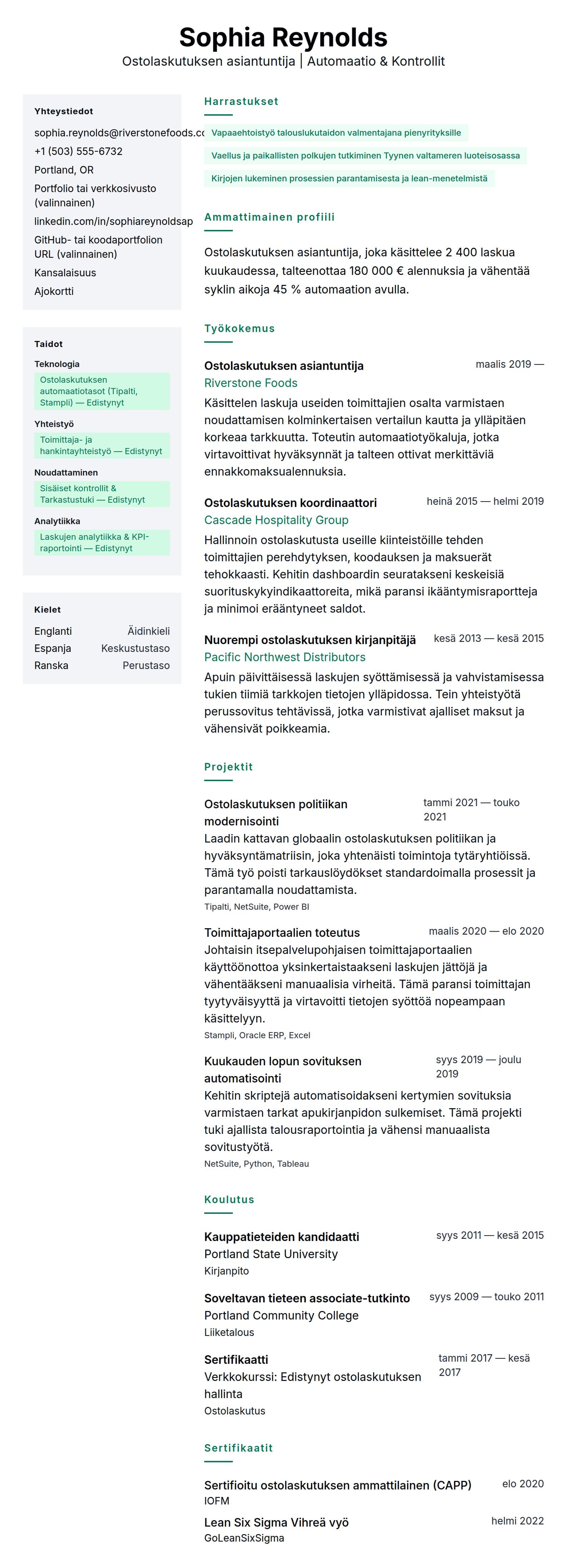 Ansioluetteloesikatselu kohteelle Ostolaskutuksen asiantuntijan ansioluetteloesimerkki