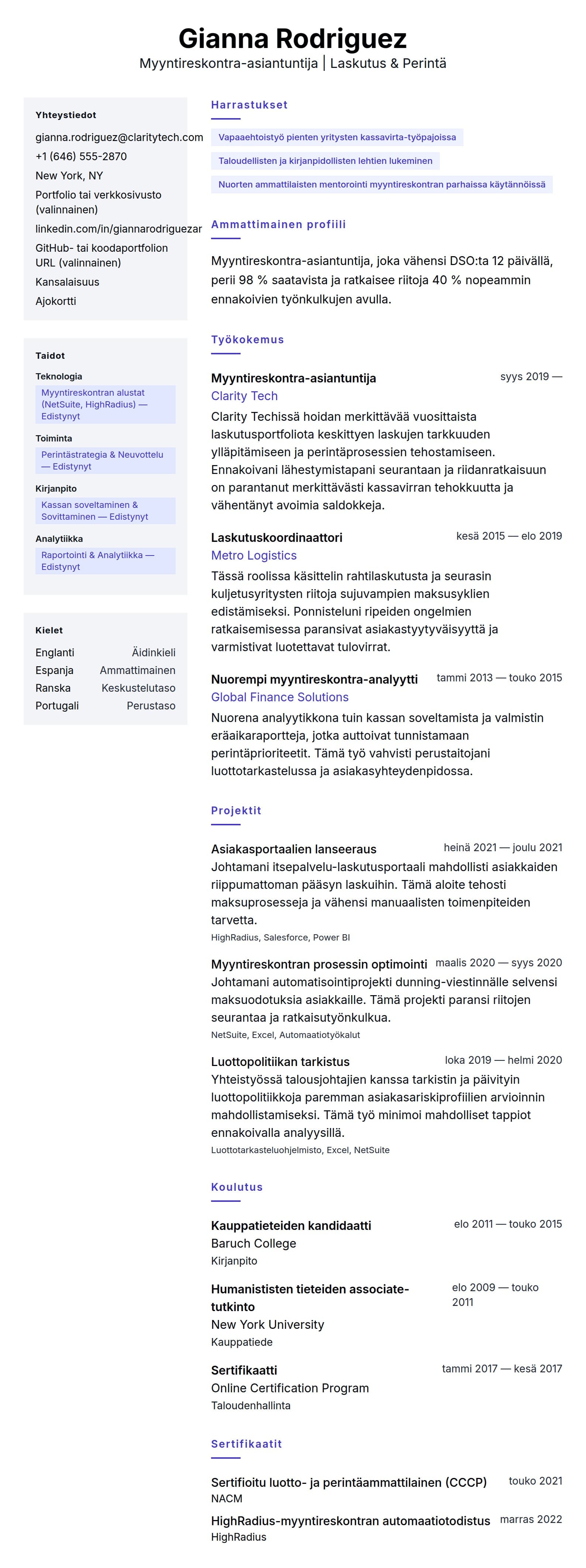 Ansioluetteloesikatselu kohteelle Myyntireskontra-asiantuntijan ansioluettelo-esimerkki