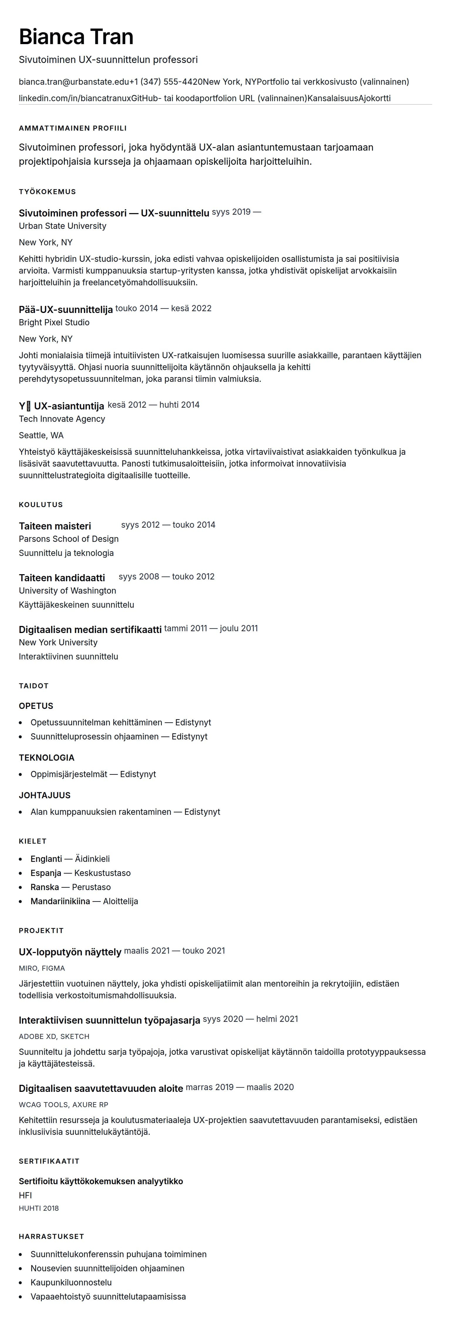 Ansioluetteloesikatselu kohteelle Sivutoiminen professori CV-esimerkki