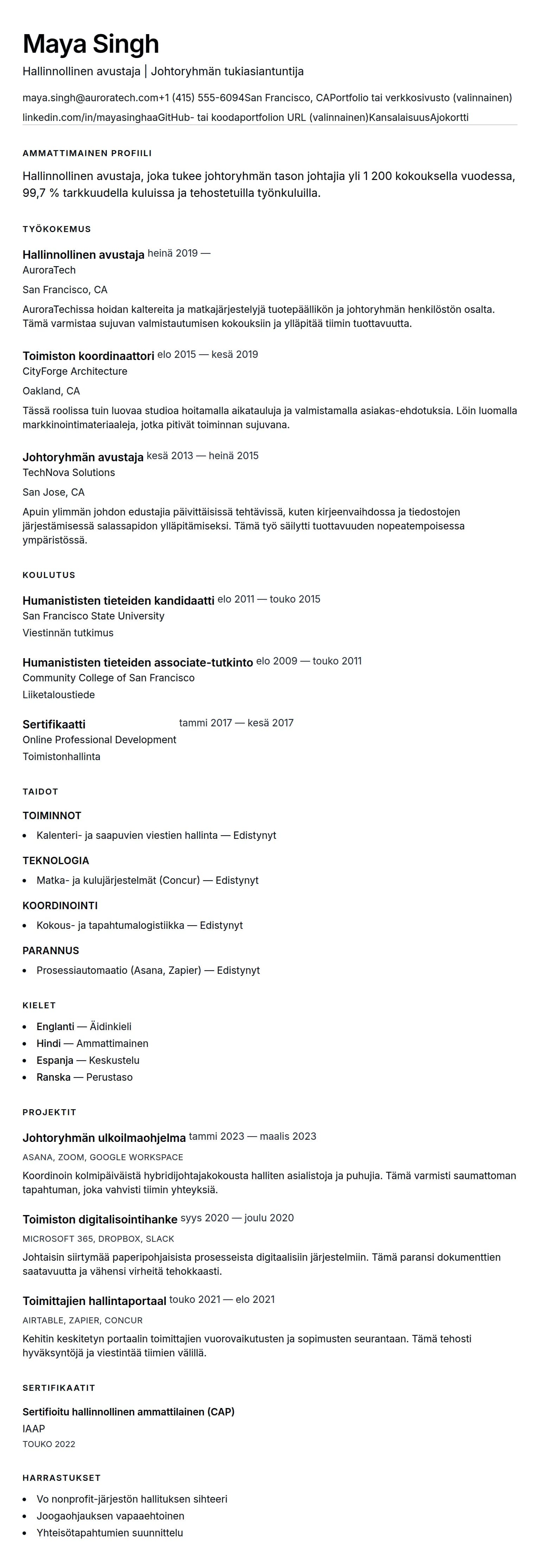 Ansioluetteloesikatselu kohteelle Hallinnollisen avustajan ansioluetteloesimerkki