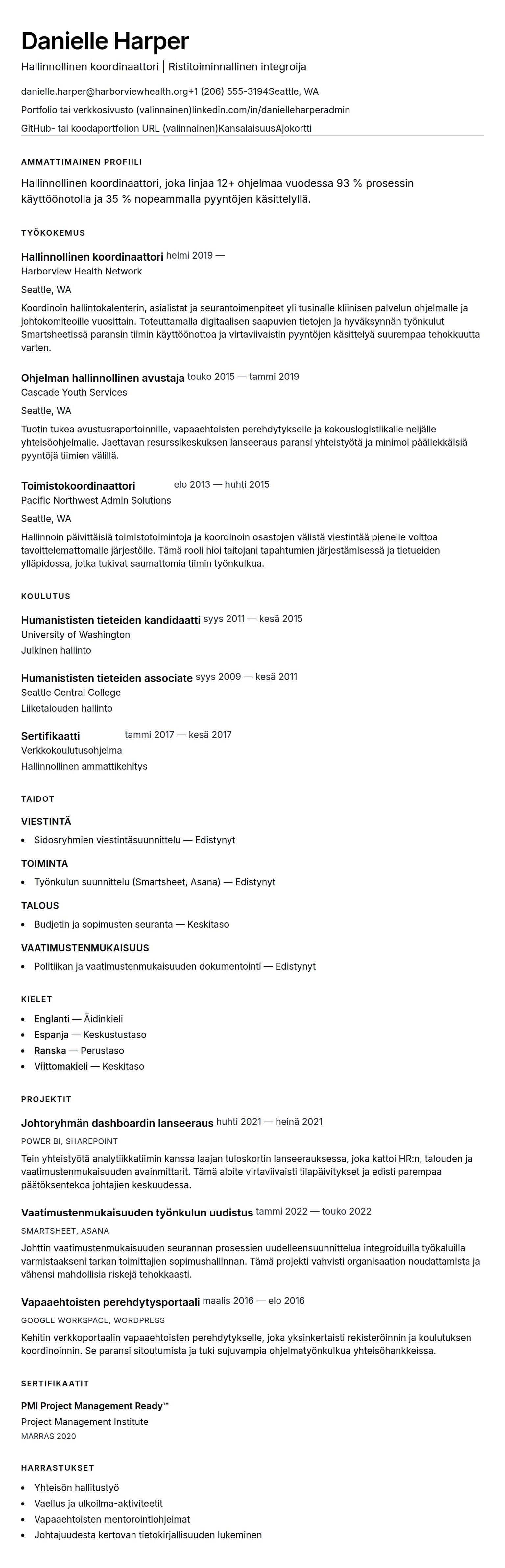 Hallinnollinen koordinaattori CV-esimerkki