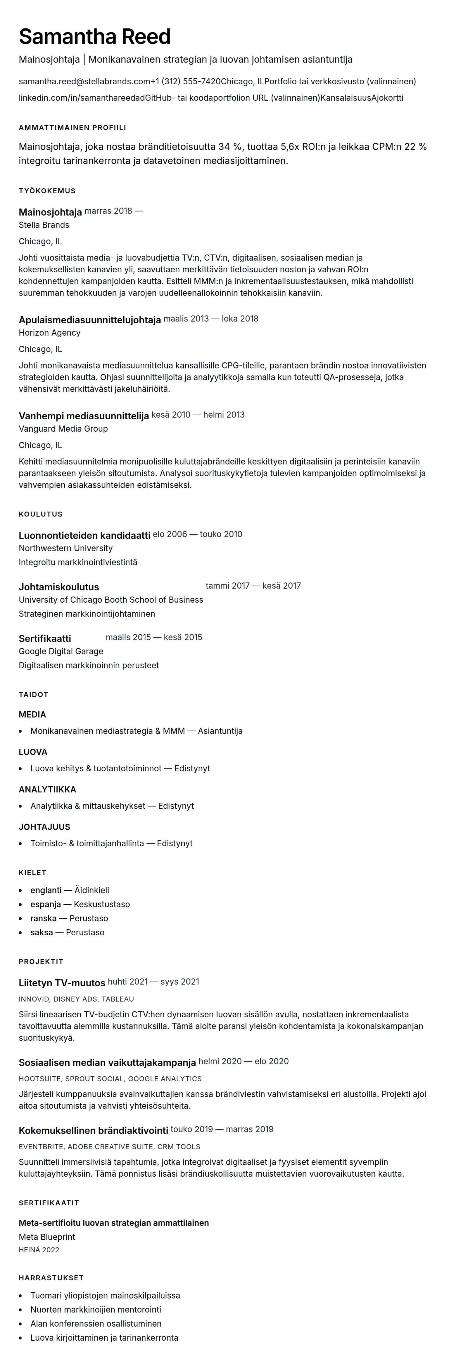 Ansioluetteloesikatselu kohteelle Mainosjohtajan CV-esimerkki