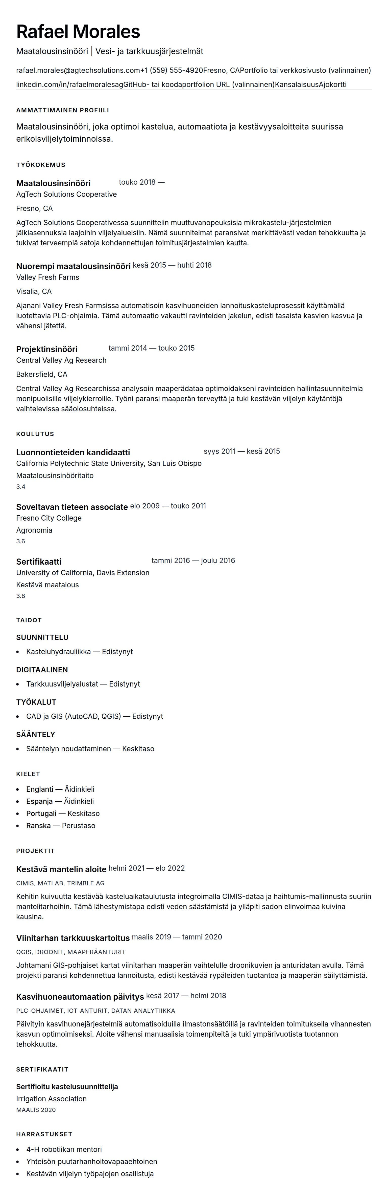 Ansioluetteloesikatselu kohteelle Maatalousinsinöörin ansioluetteloesimerkki