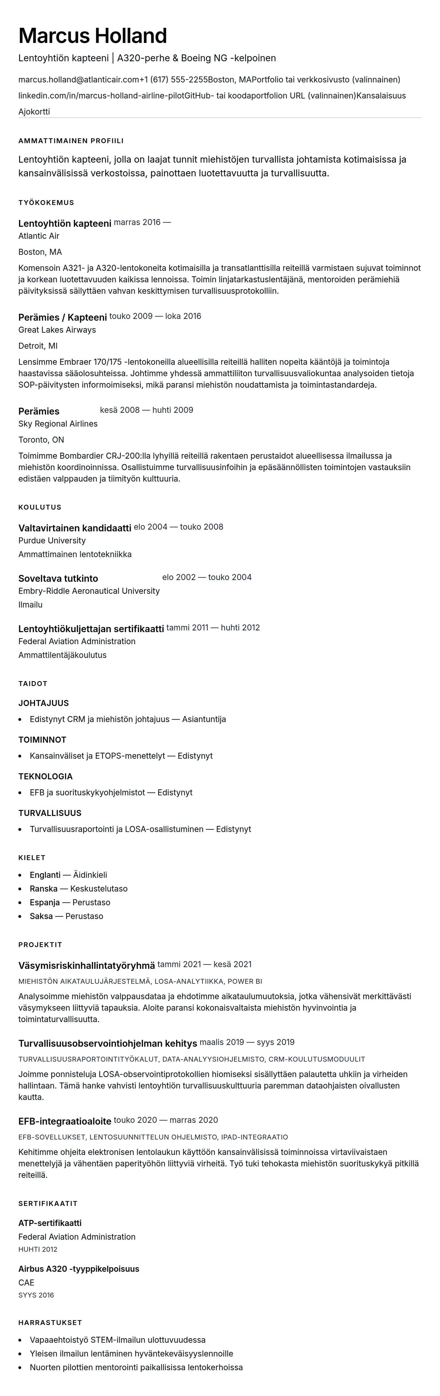 Ansioluetteloesikatselu kohteelle Lentoyhtiön kapteenin ansioluetteloesimerkki