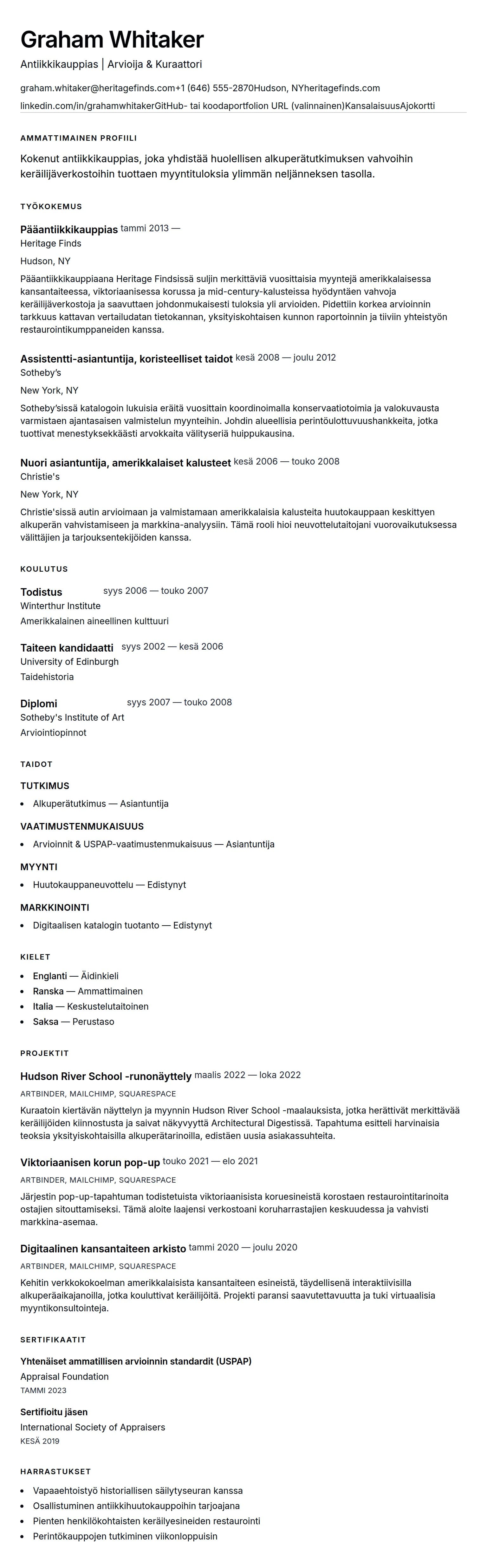 Ansioluetteloesikatselu kohteelle Antiikkikauppiaan CV-esimerkki