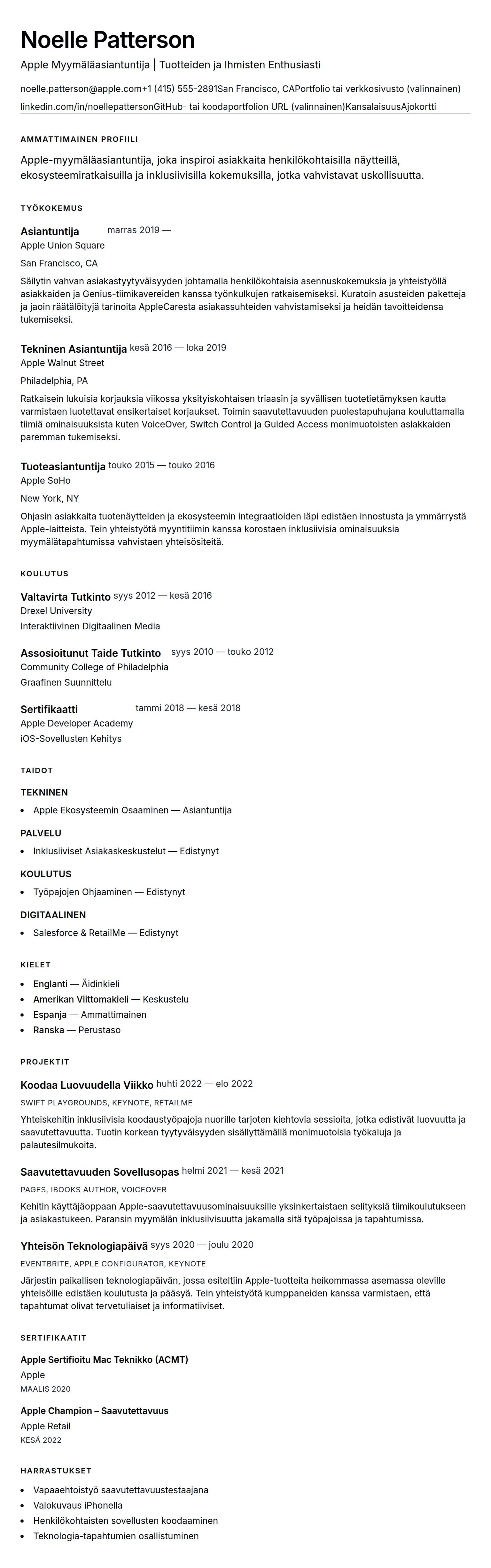 Ansioluetteloesikatselu kohteelle Apple Myymäläasiantuntijan CV-esimerkki