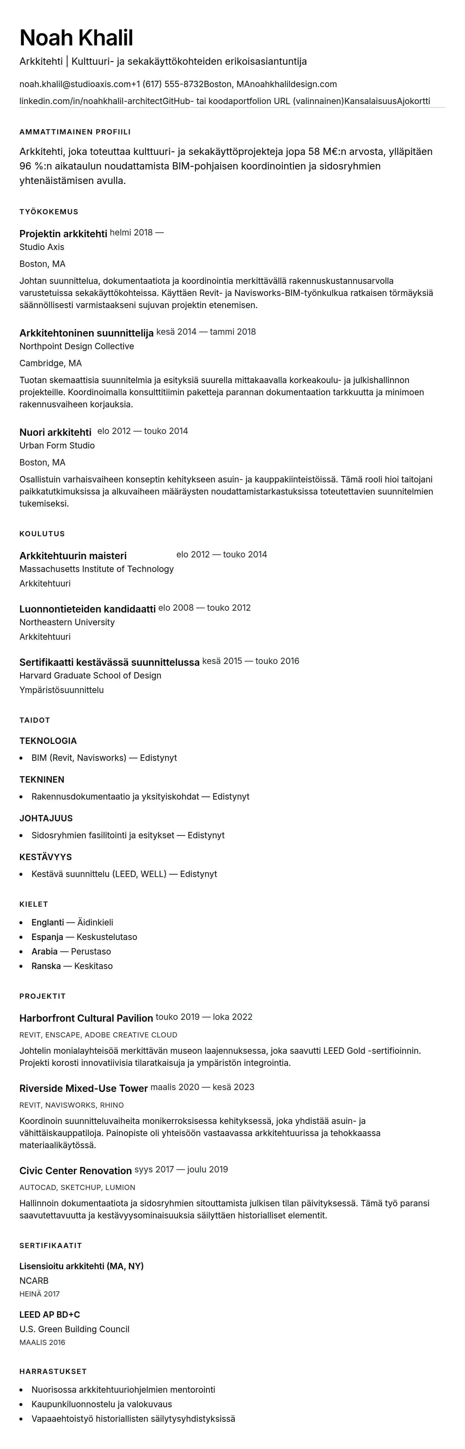 Ansioluetteloesikatselu kohteelle Arkkitehdin ansioluettelo-esimerkki
