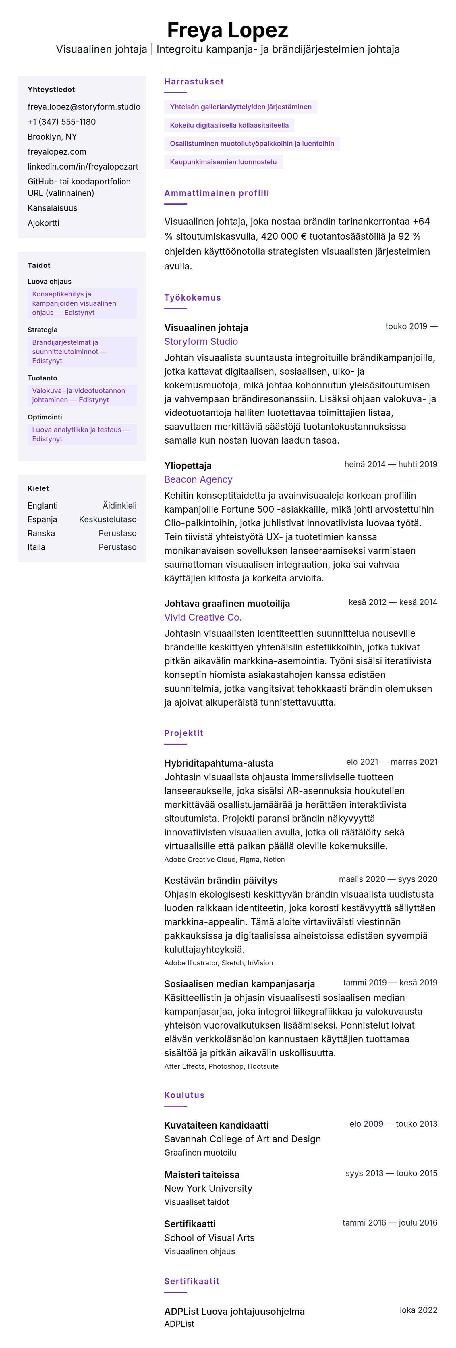 Ansioluetteloesikatselu kohteelle Esimerkki visuaalisen johtajan ansioluettelosta