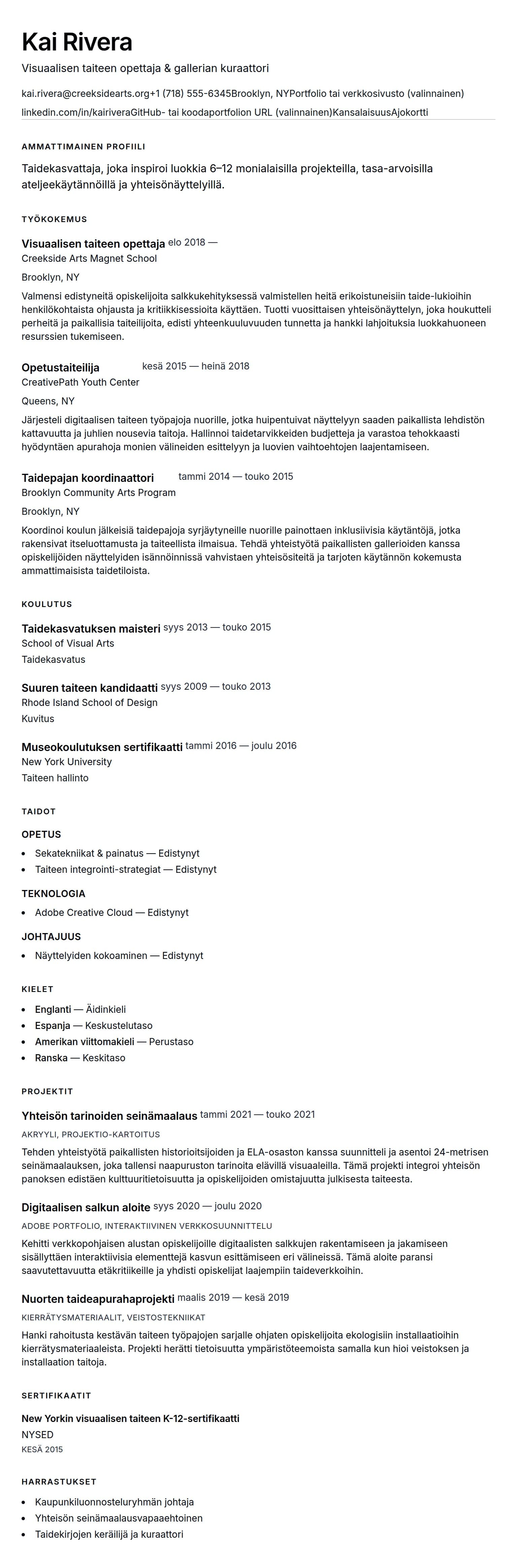 Ansioluetteloesikatselu kohteelle Taideopettajan ansioluetteloesimerkki