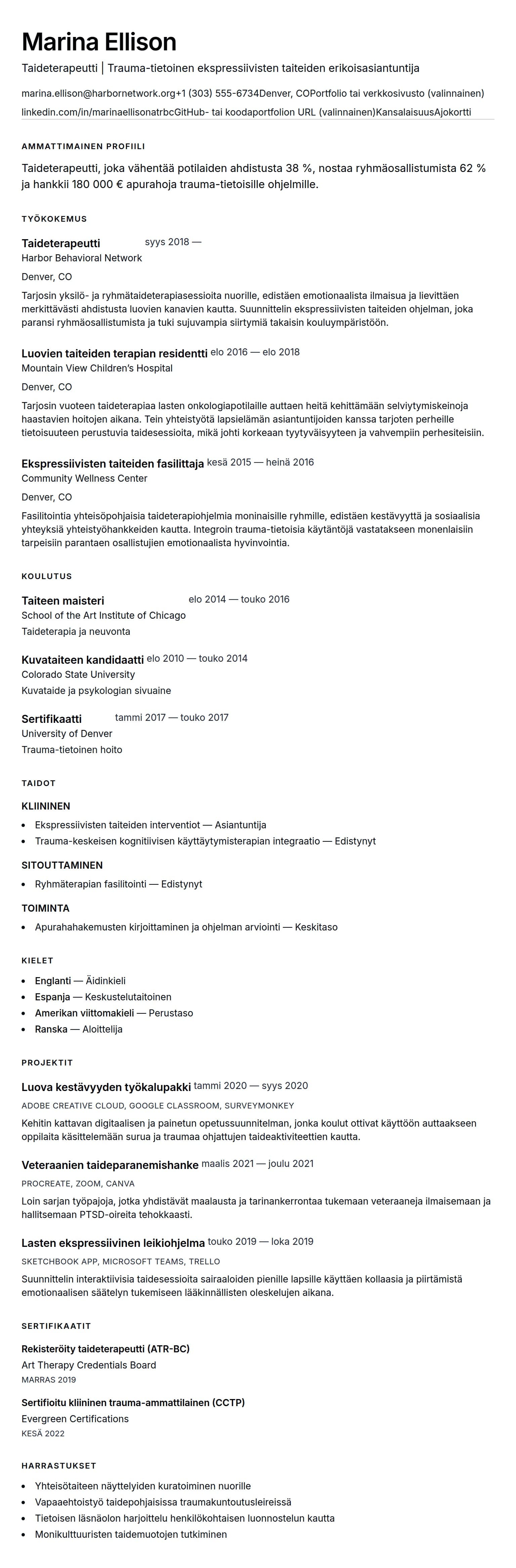 Ansioluetteloesikatselu kohteelle Taideterapeutin CV-esimerkki