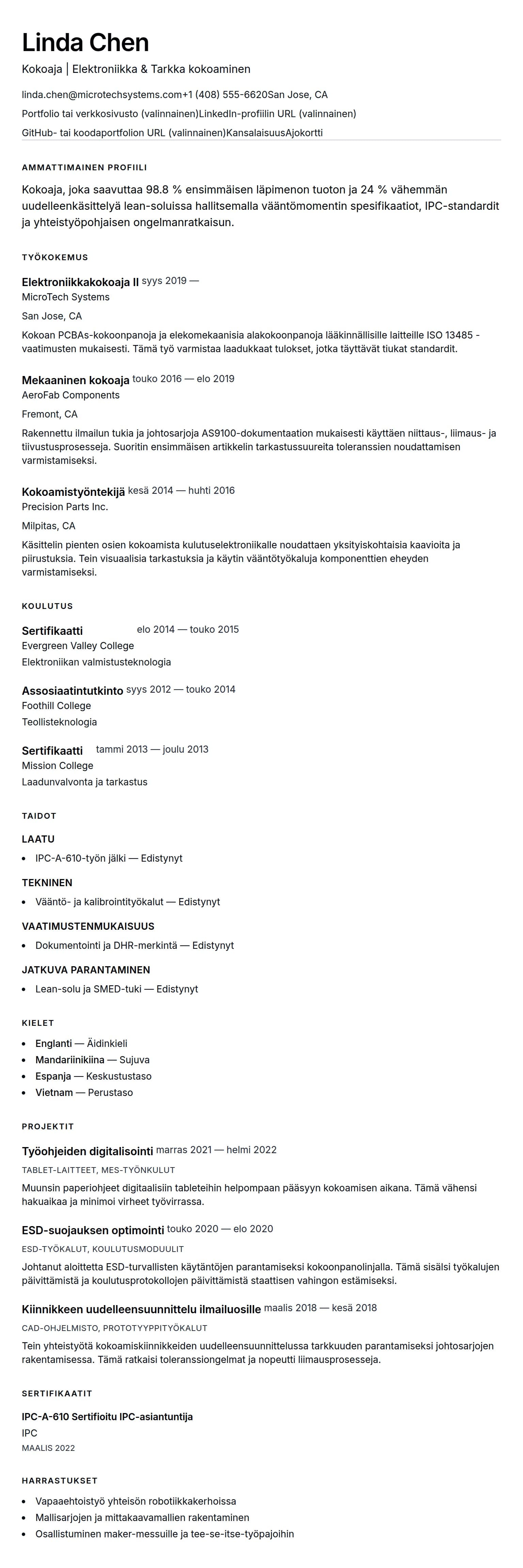 Ansioluetteloesikatselu kohteelle Kokoajan ansioluettelo-esimerkki