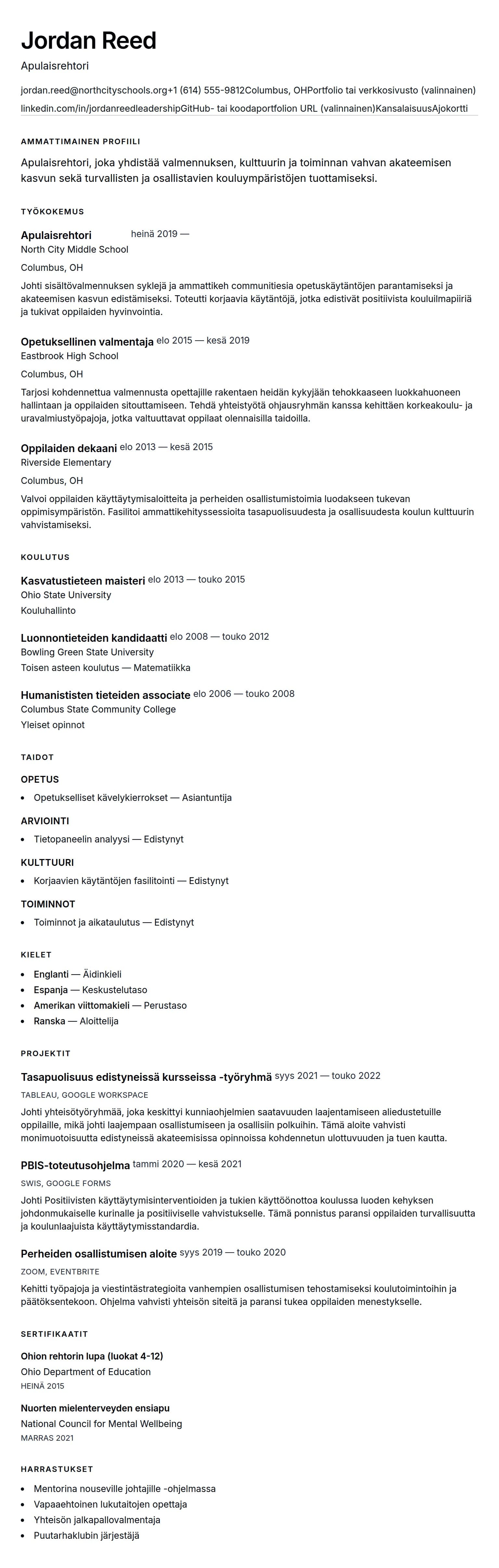 Ansioluetteloesikatselu kohteelle Apulaisrehtorin ansioluettelon esimerkki
