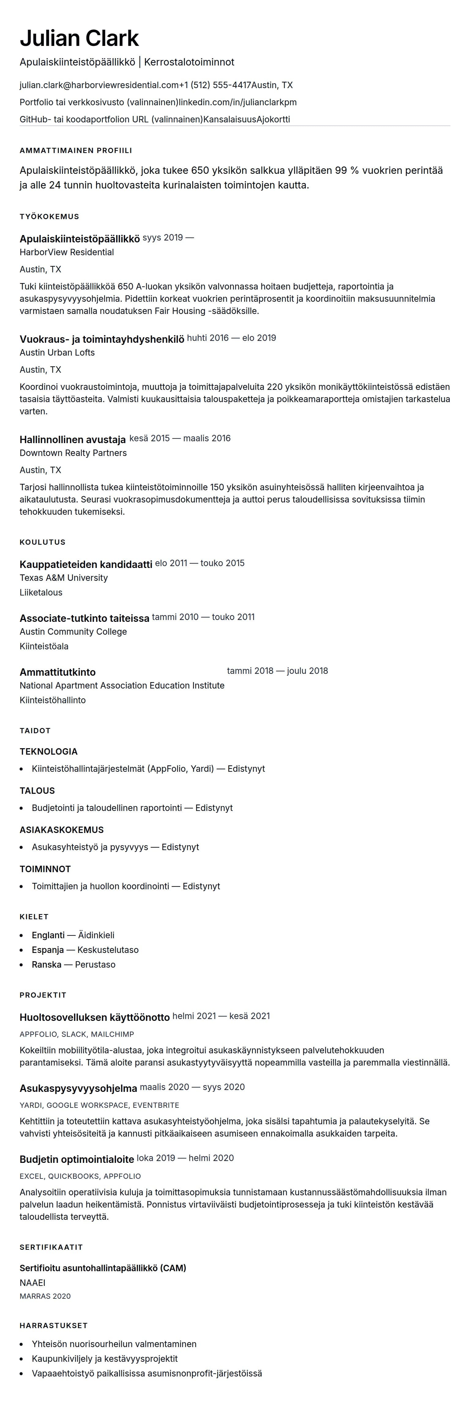 Ansioluetteloesikatselu kohteelle Apulaiskiinteistöpäällikkö CV-esimerkki