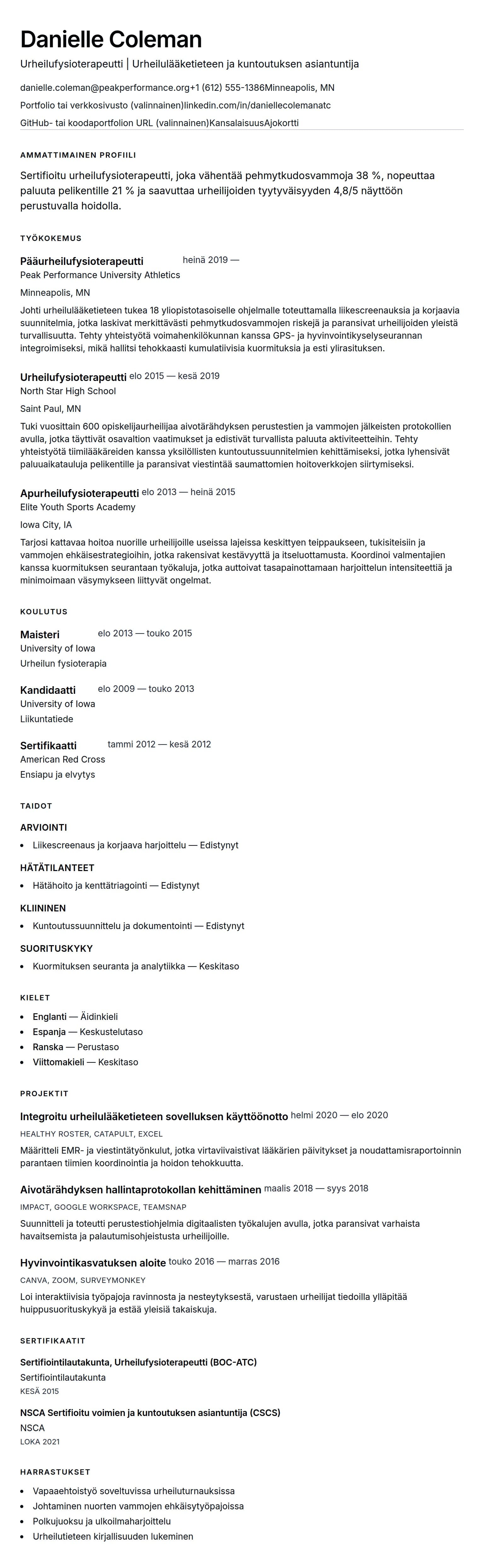 Ansioluetteloesikatselu kohteelle Urheilufysioterapeutin ansioluettelo-esimerkki