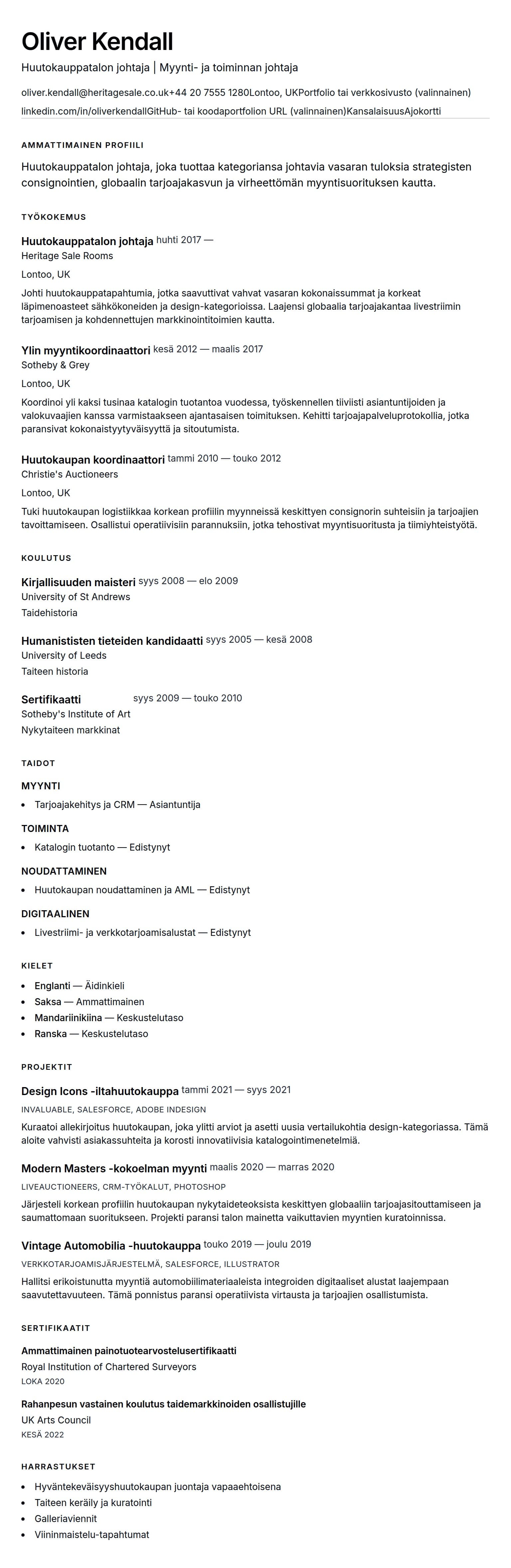 Ansioluetteloesikatselu kohteelle Huutokauppatalon johtajan CV-esimerkki