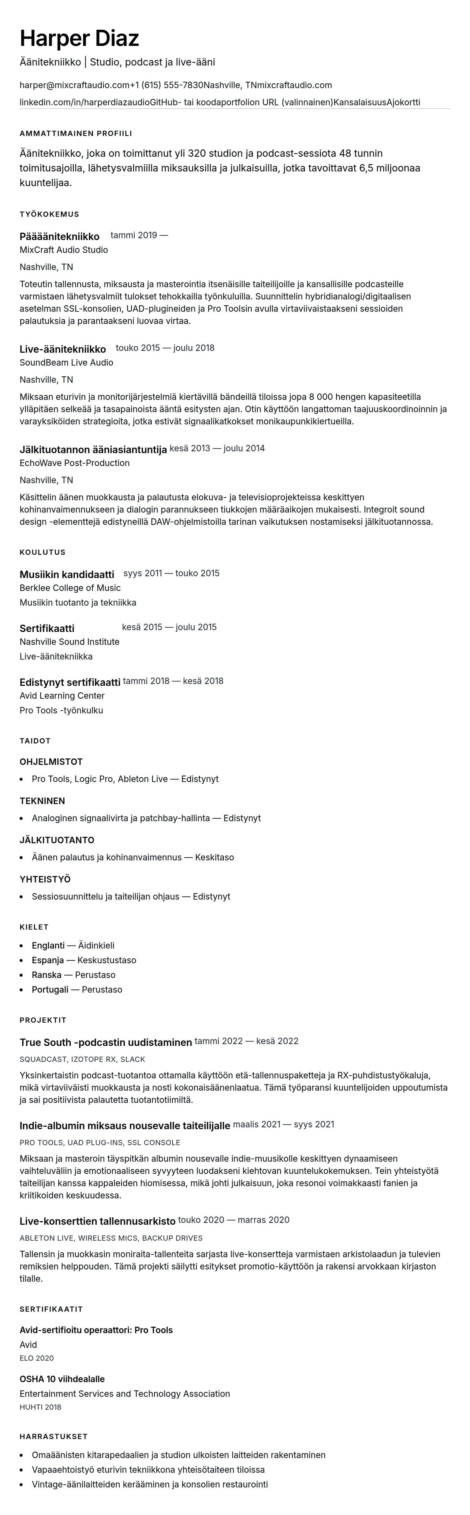 Ansioluetteloesikatselu kohteelle Äänitekniikan ansioluettelon esimerkki