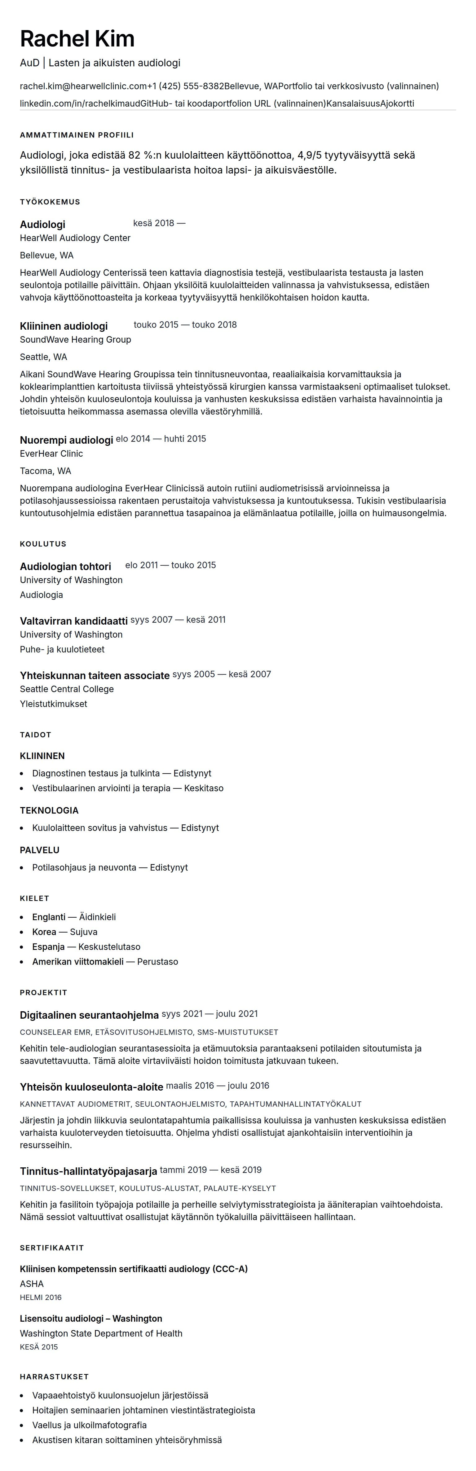 Ansioluetteloesikatselu kohteelle Audiologin ansioluetteloesimerkki