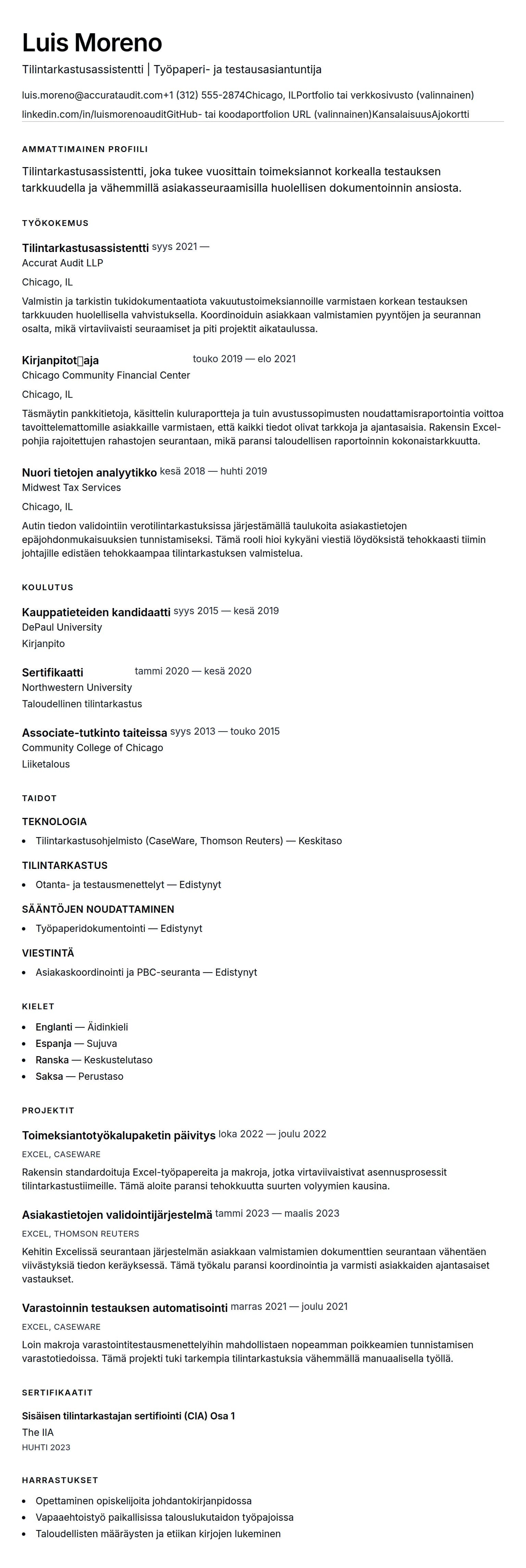 Ansioluetteloesikatselu kohteelle Tilintarkastusassistentin CV-esimerkki