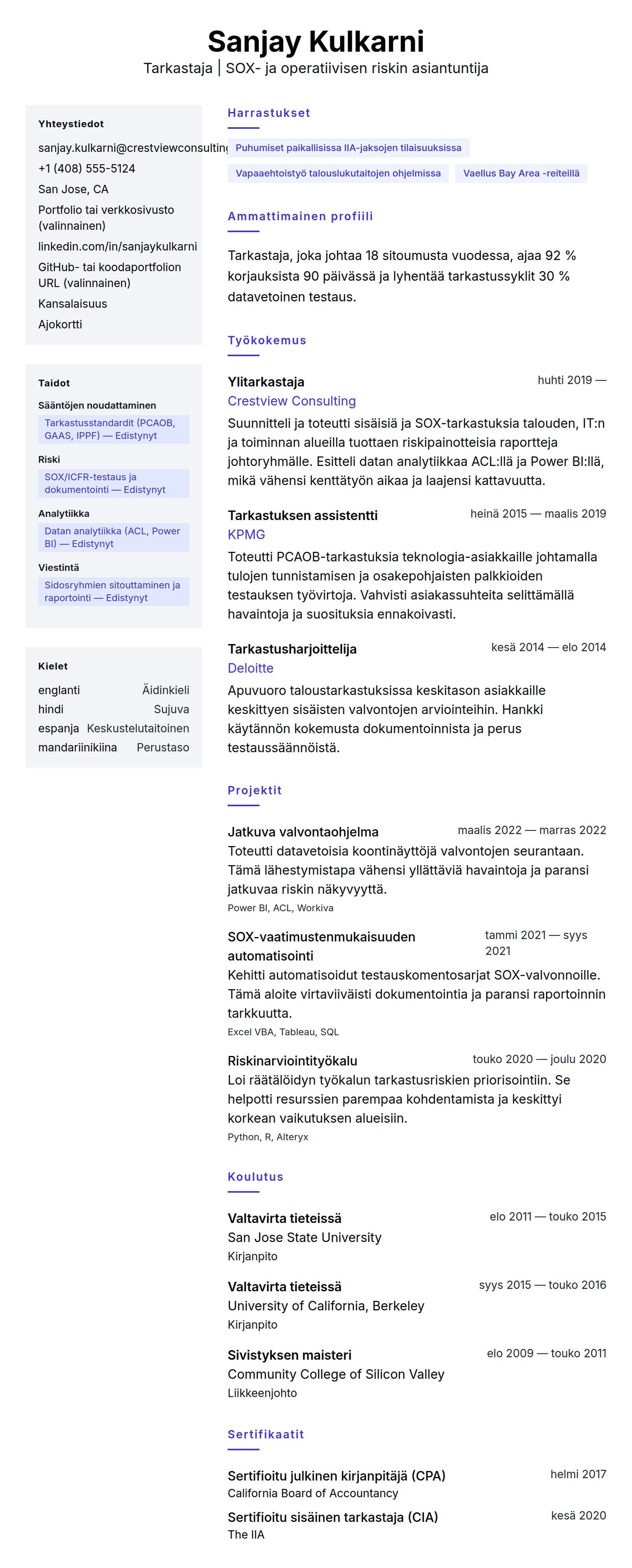 Ansioluetteloesikatselu kohteelle Tarkastajan ansioluettelo-esimerkki