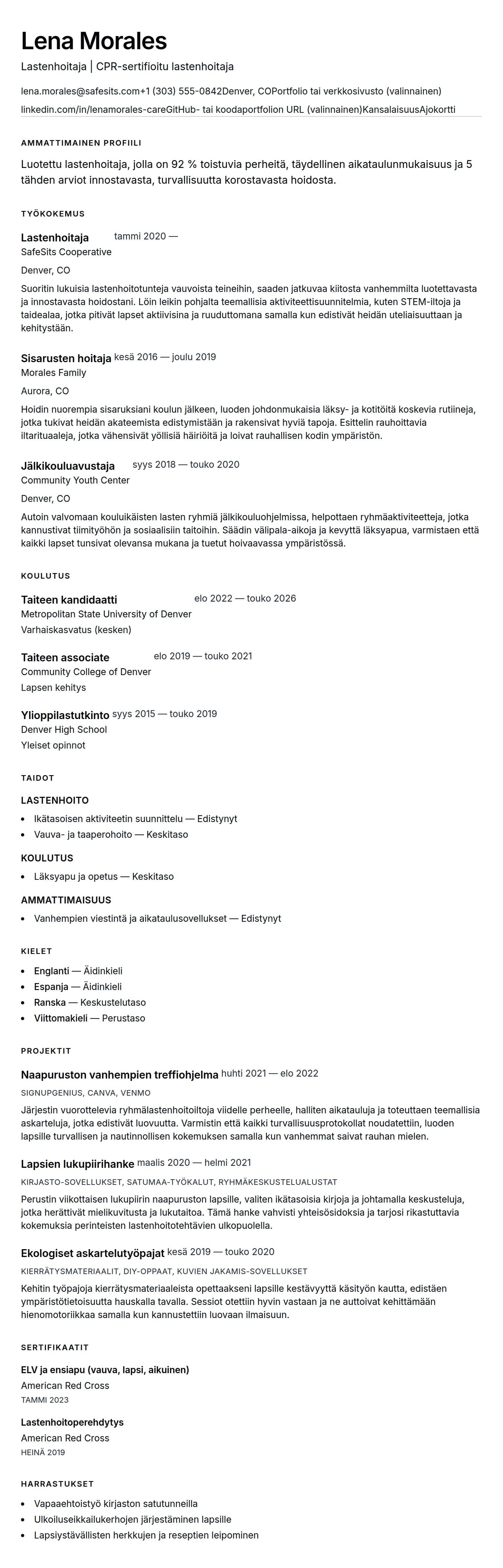 Ansioluetteloesikatselu kohteelle Lastenhoitajan ansioluetteloesimerkki