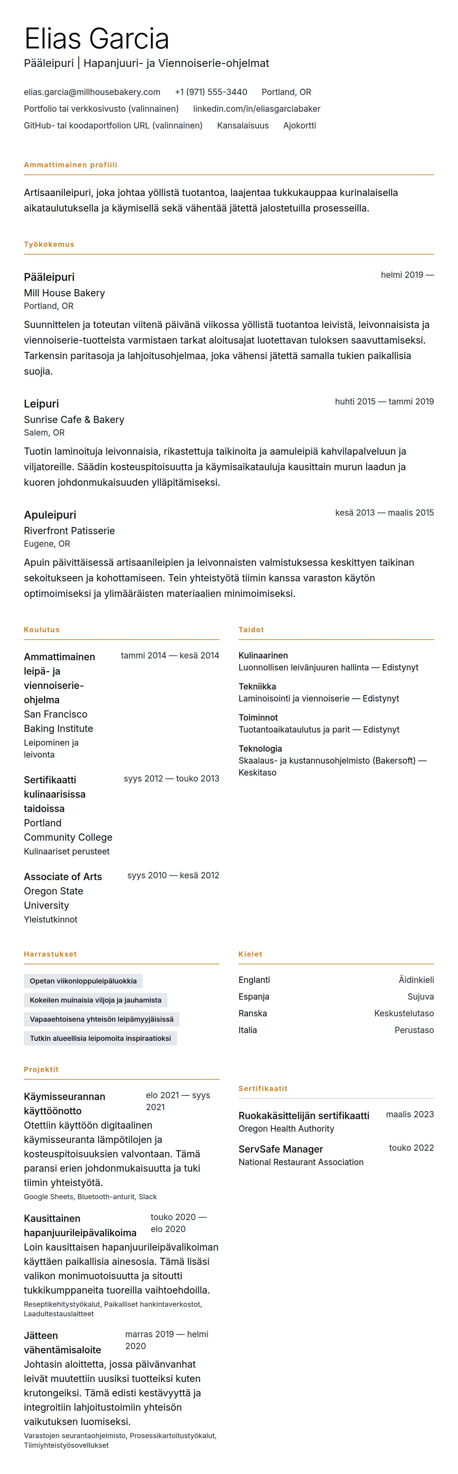 Ansioluetteloesikatselu kohteelle Leipurin ansioluetteloesimerkki