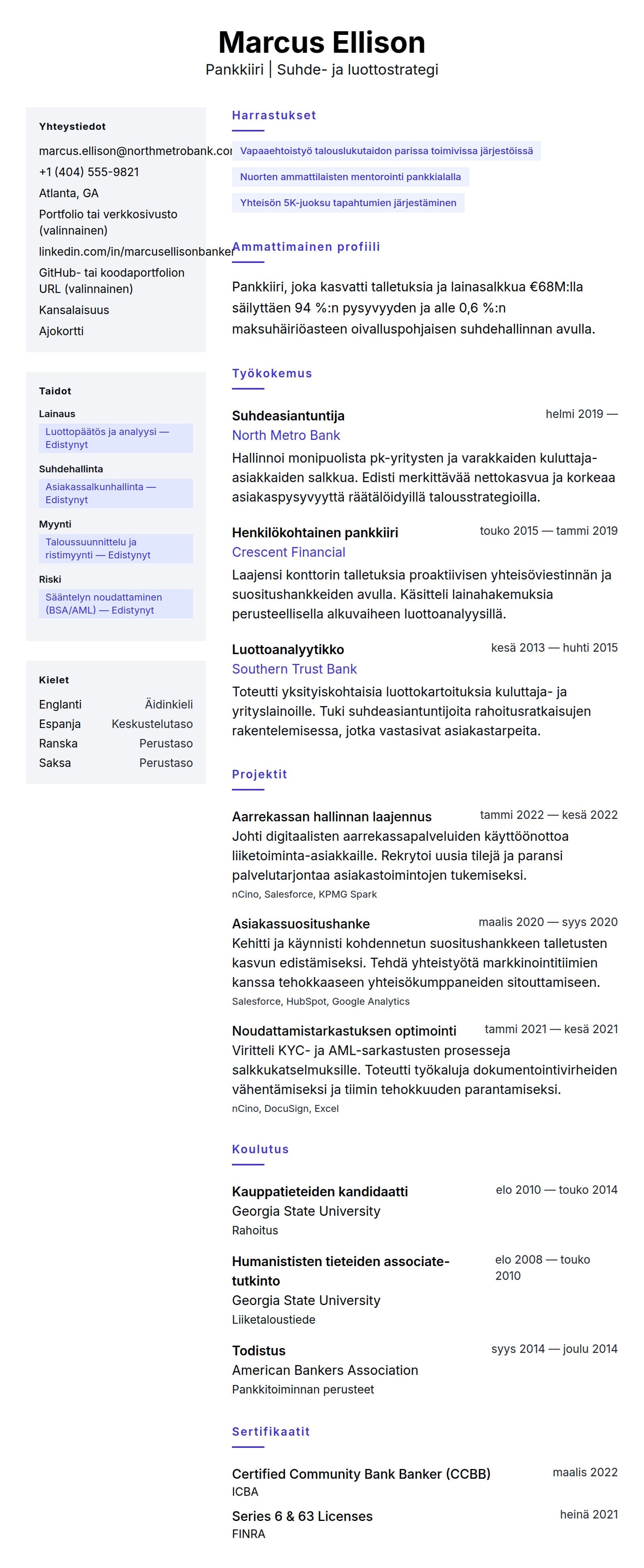 Ansioluetteloesikatselu kohteelle Pankkiirin ansioluetteloesimerkki