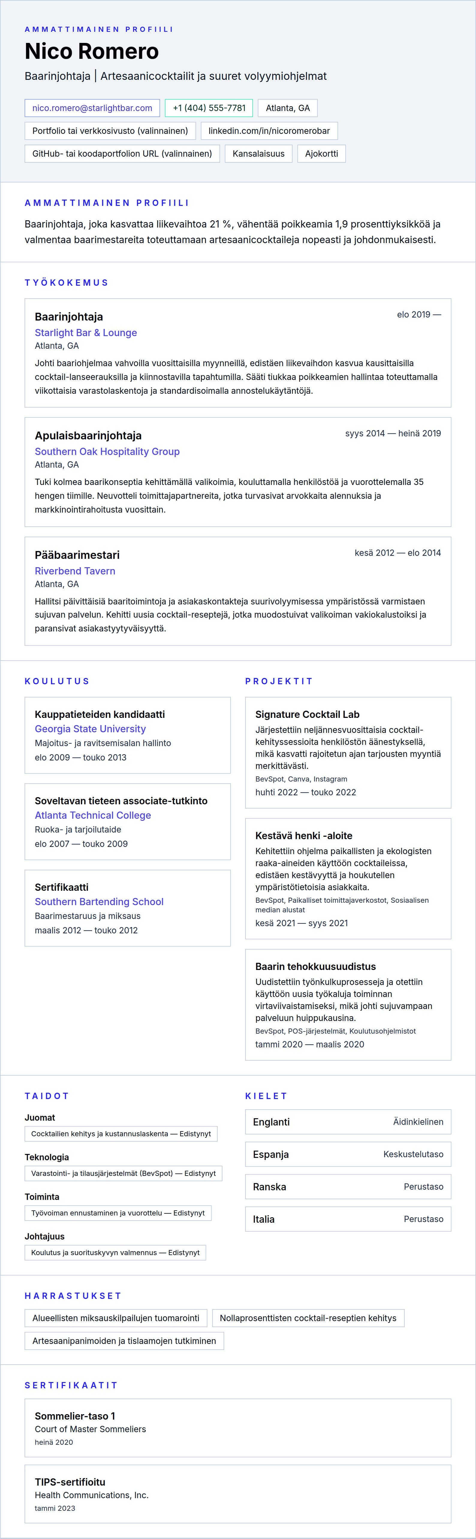 Ansioluetteloesikatselu kohteelle Baarinjohtajan CV-esimerkki