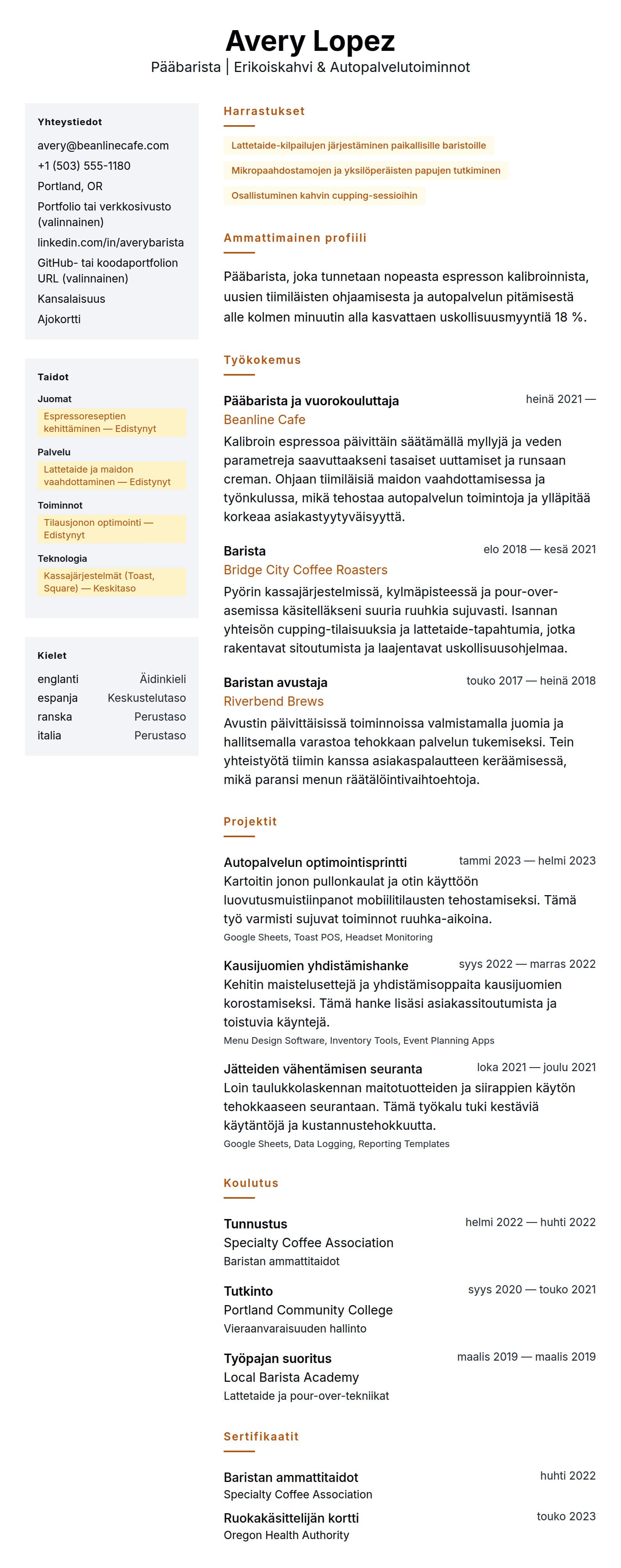 Ansioluetteloesikatselu kohteelle Baristan ansioluetteloesimerkki