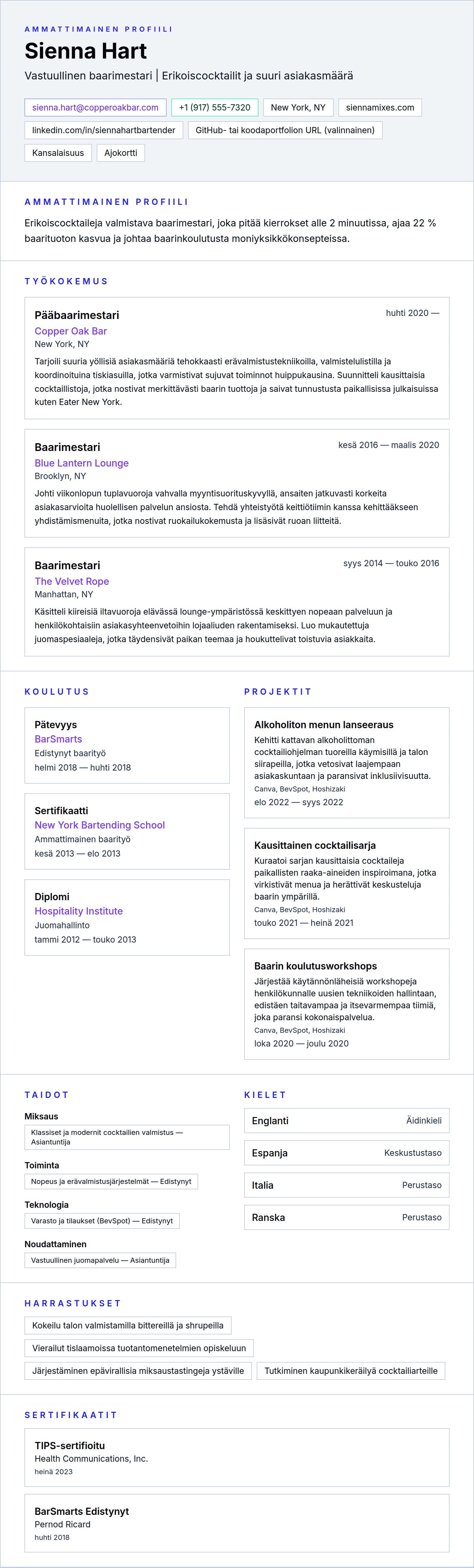 Ansioluetteloesikatselu kohteelle Baarimestarin ansioluetteloesimerkki