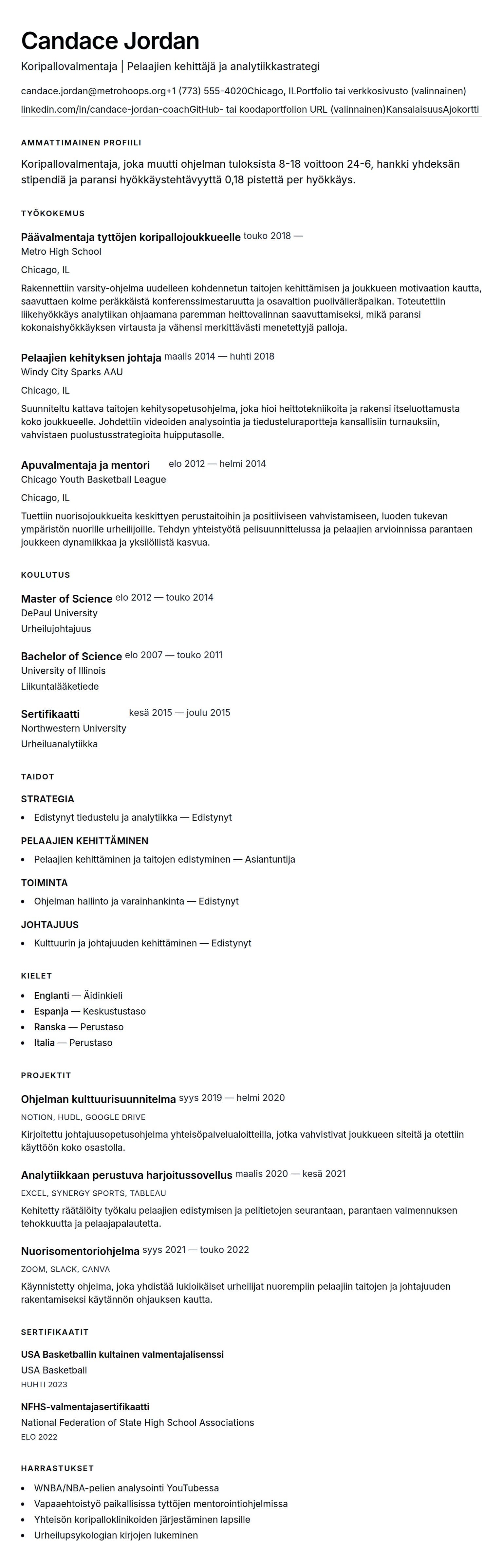 Ansioluetteloesikatselu kohteelle Koripallovalmentajan CV-esimerkki