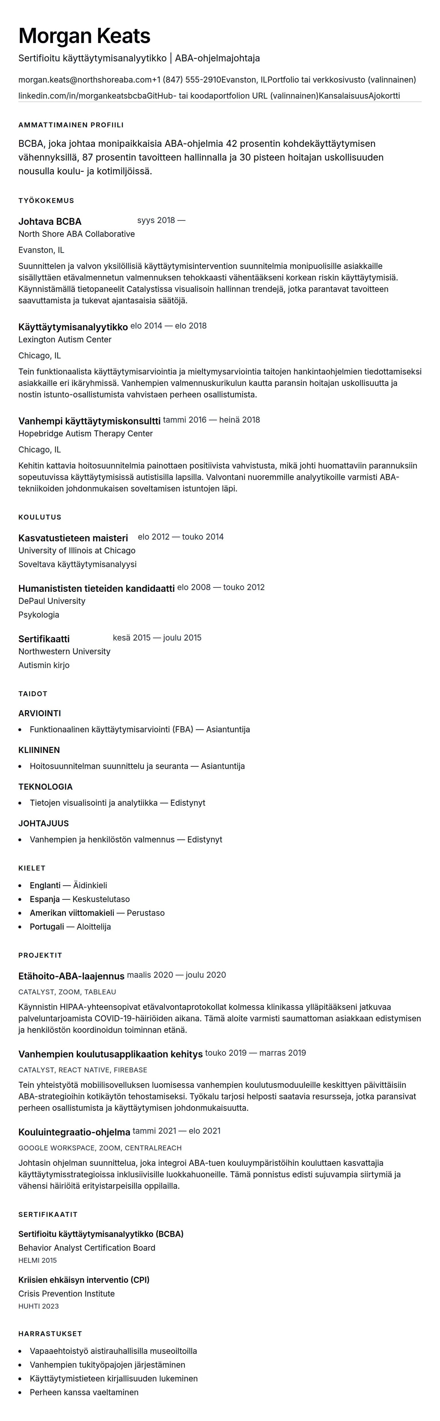Ansioluetteloesikatselu kohteelle Sertifioitu käyttäytymisanalyytikko (BCBA) Ansioluetteloesimerkki