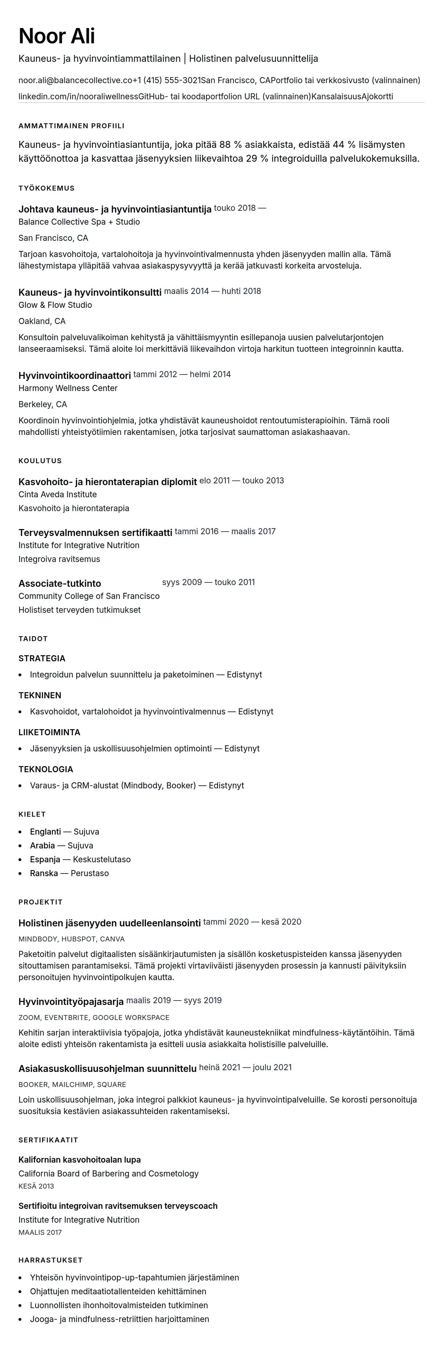 Ansioluetteloesikatselu kohteelle Kauneus- ja hyvinvointialan ammattilaisen CV-esimerkki