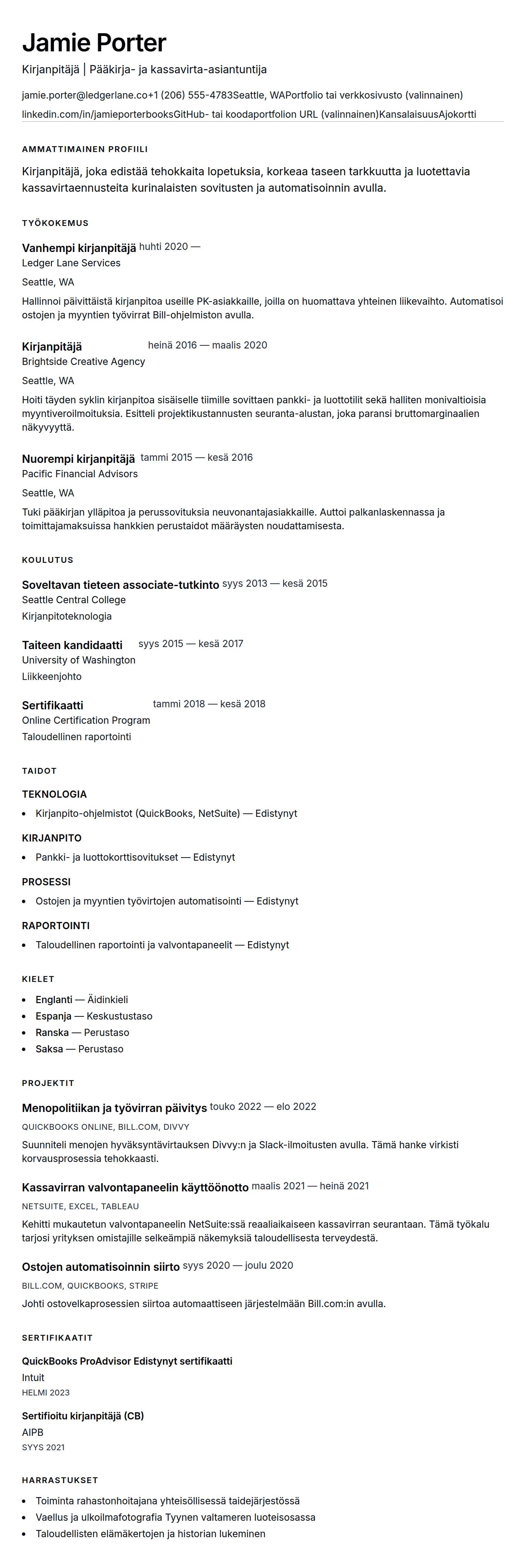 Ansioluetteloesikatselu kohteelle Kirjanpitäjän ansioluetteloesimerkki