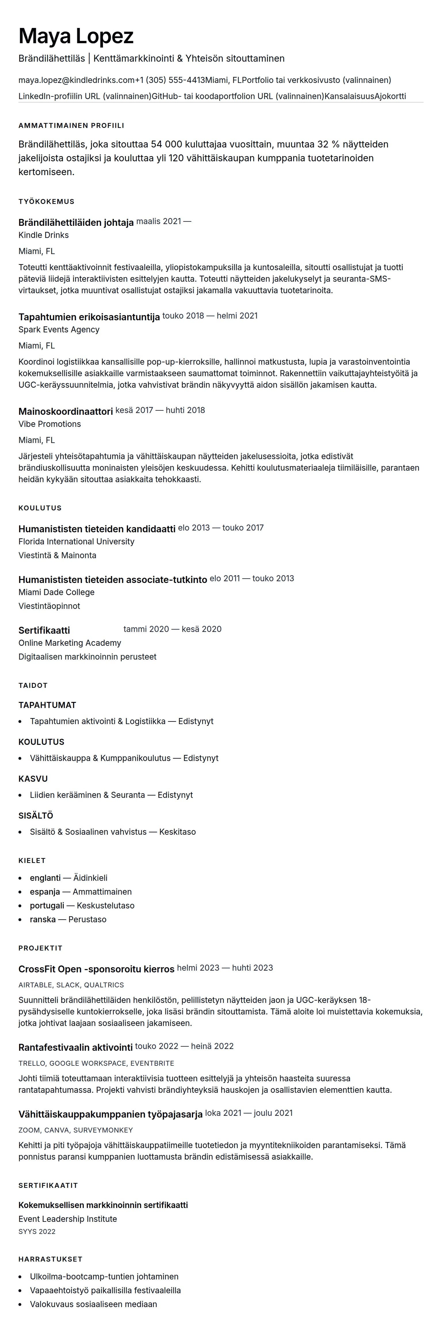 Ansioluetteloesikatselu kohteelle Brändilähettilään ansioluetteloesimerkki