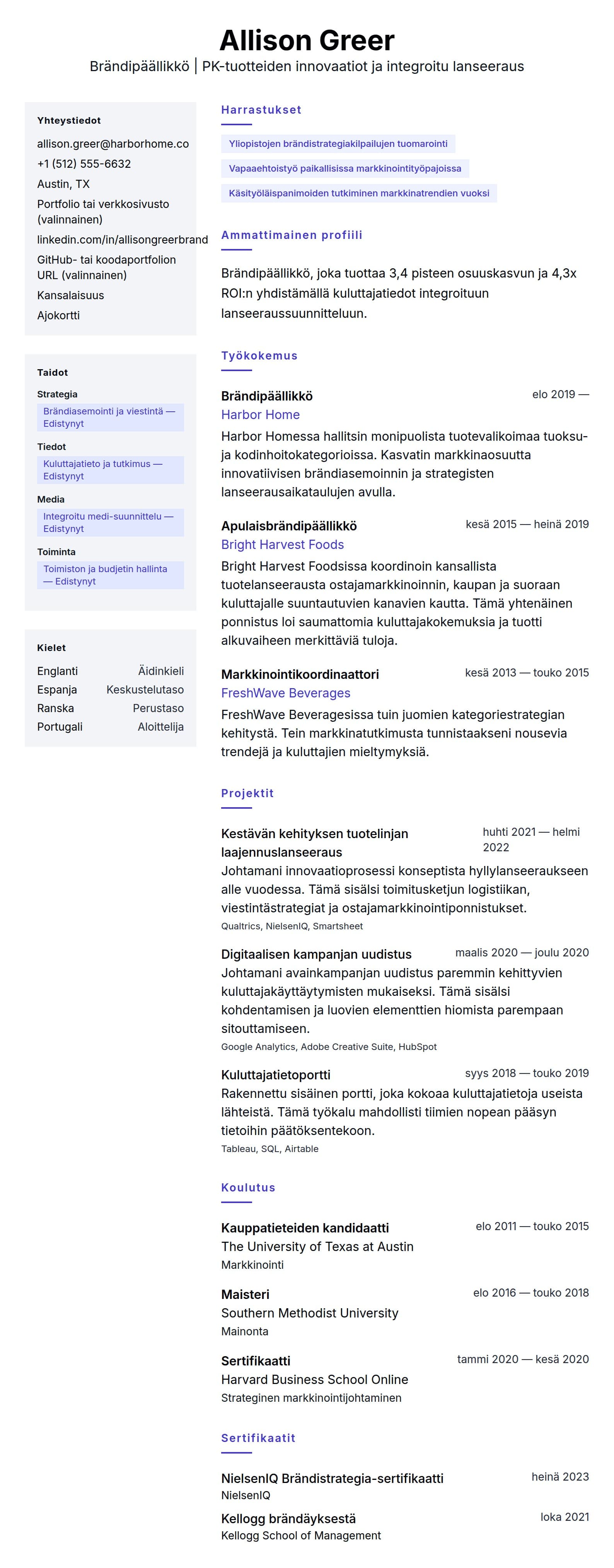 Ansioluetteloesikatselu kohteelle Brändipäällikön ansioluetteloesimerkki