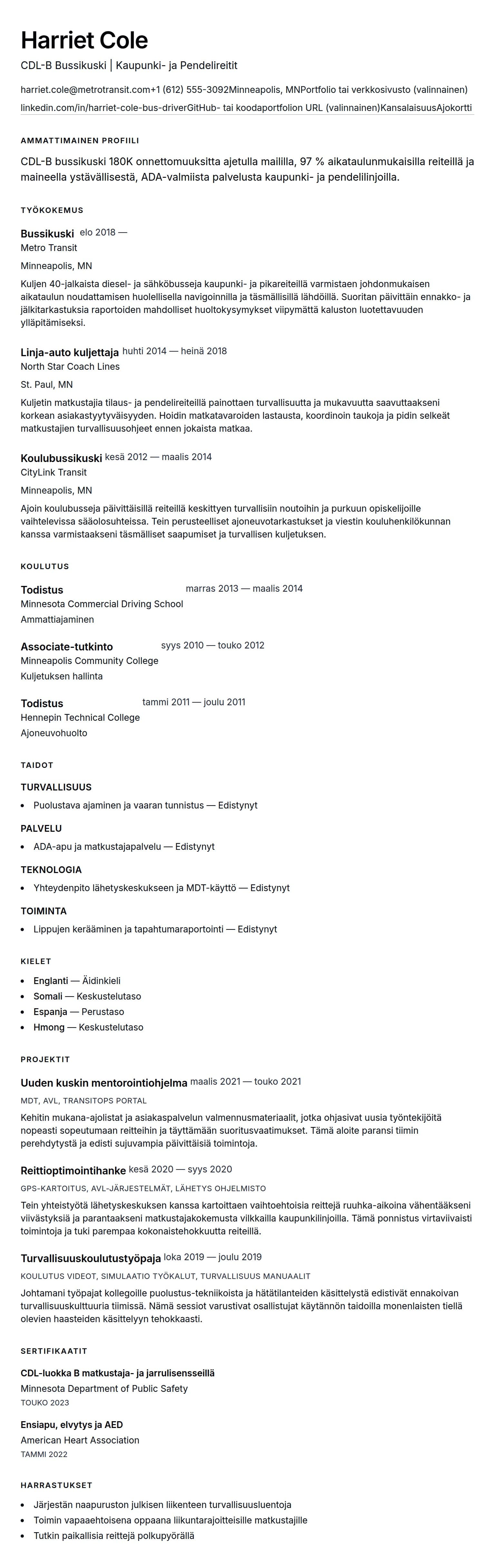 Ansioluetteloesikatselu kohteelle Bussikuskin CV-esimerkki