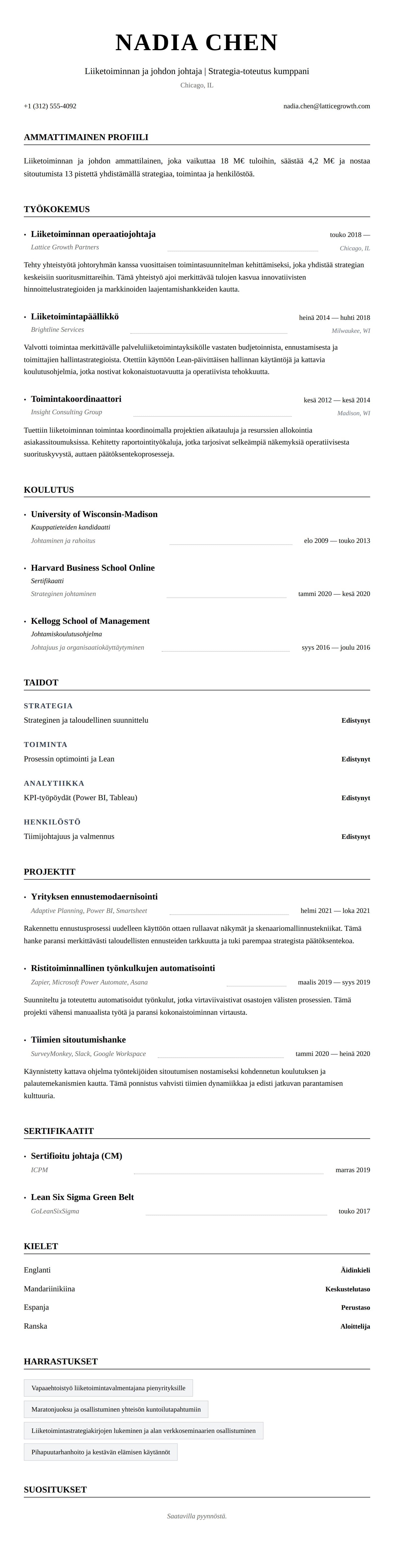 Ansioluetteloesikatselu kohteelle Liiketoiminnan ja johdon ammattilaisen ansioluetteloesimerkki