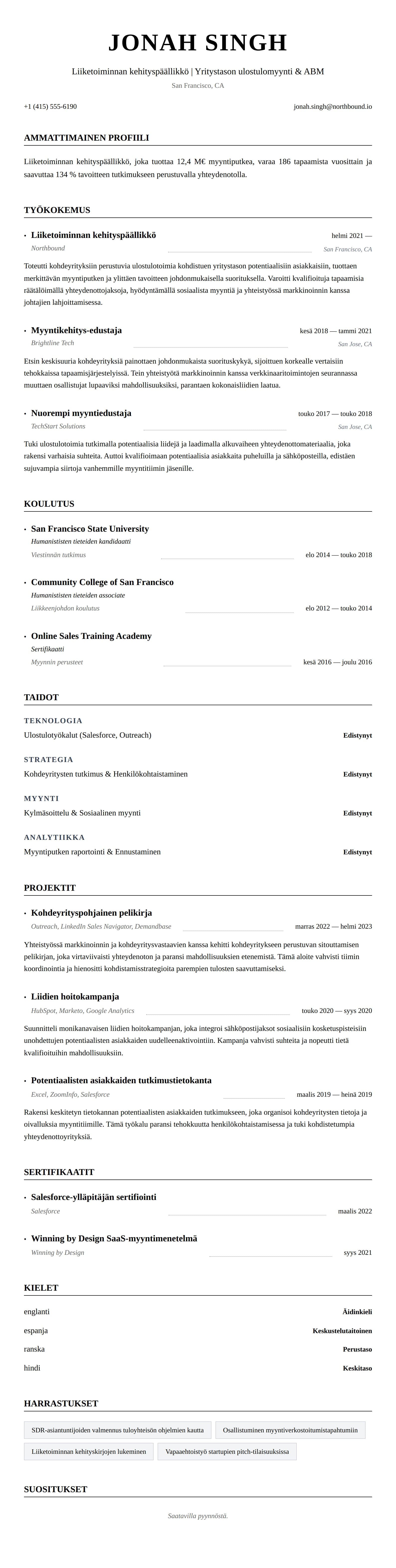 Ansioluetteloesikatselu kohteelle Liiketoiminnan kehityspäällikön ansioluetteloesimerkki