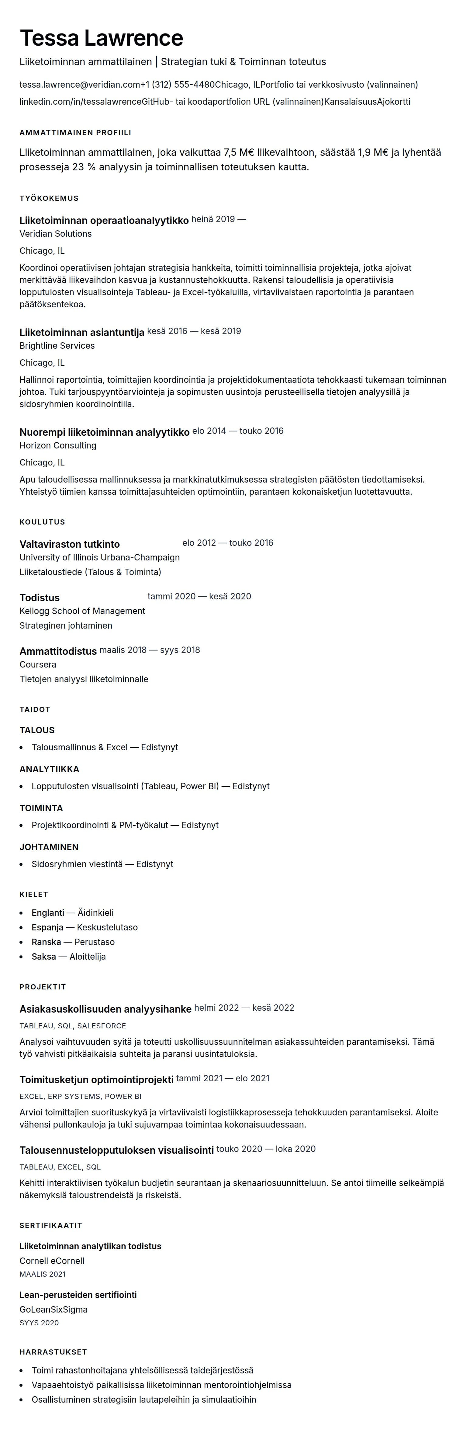 Ansioluetteloesikatselu kohteelle Liiketoiminnan ammattilaisen ansioluettelo-esimerkki