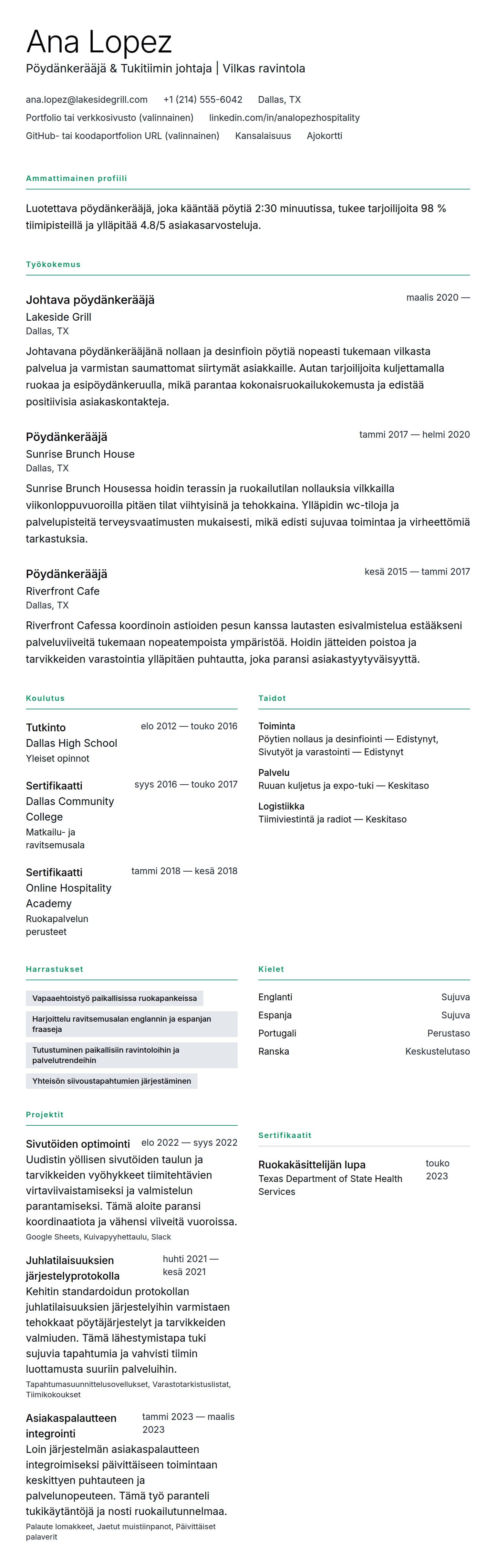 Ansioluetteloesikatselu kohteelle Pöydänkerääjän CV-esimerkki