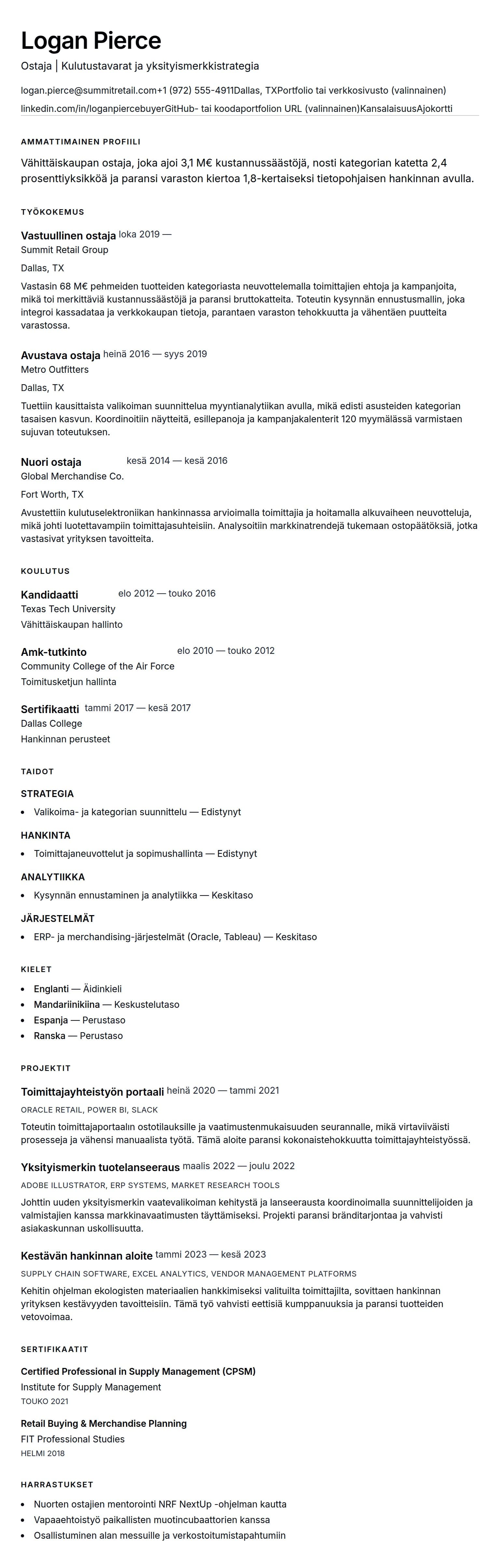 Ansioluetteloesikatselu kohteelle Ostajan ansioluettelon esimerkki