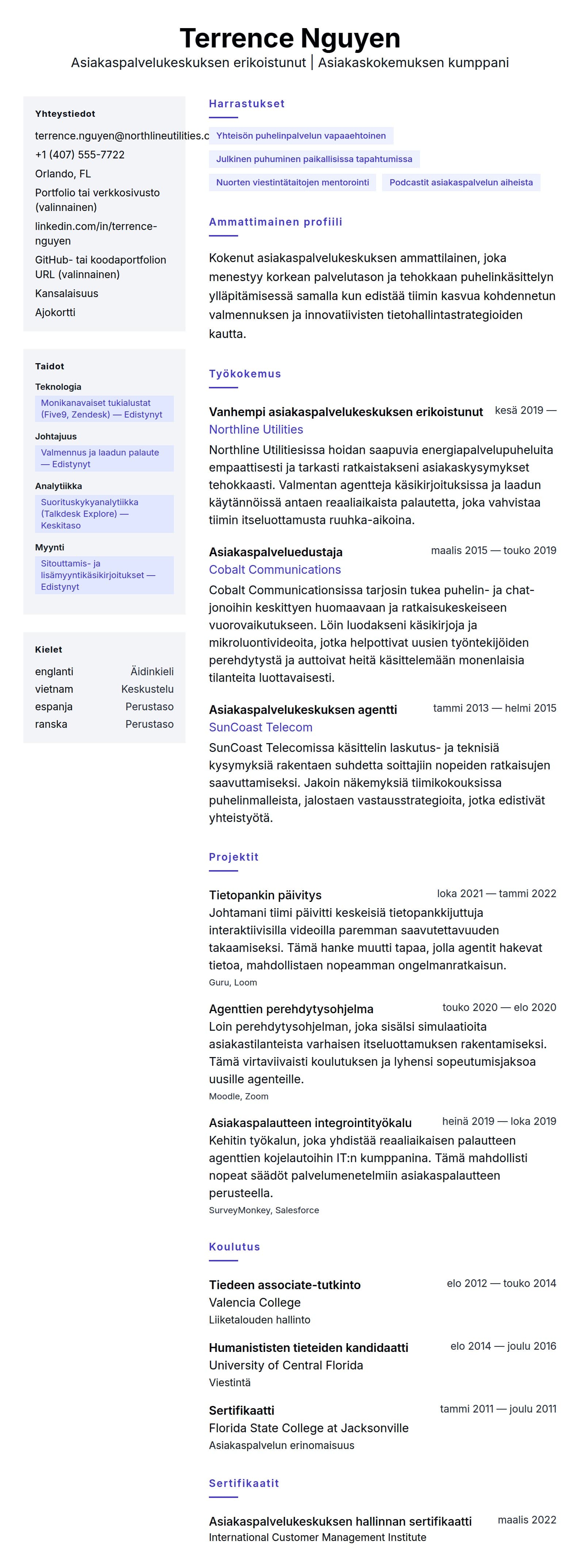 Ansioluetteloesikatselu kohteelle Asiakaspalvelukeskuksen ammattilaisen CV-esimerkki