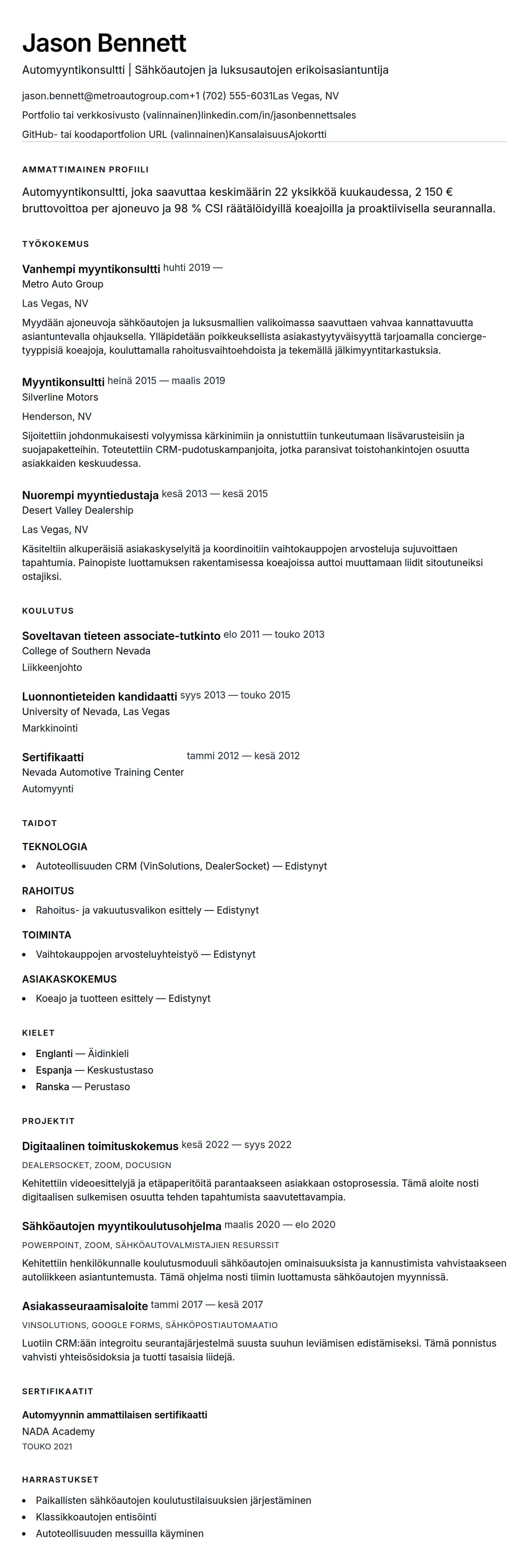 Ansioluetteloesikatselu kohteelle Automyyntikonsultin ansioluetteloesimerkki