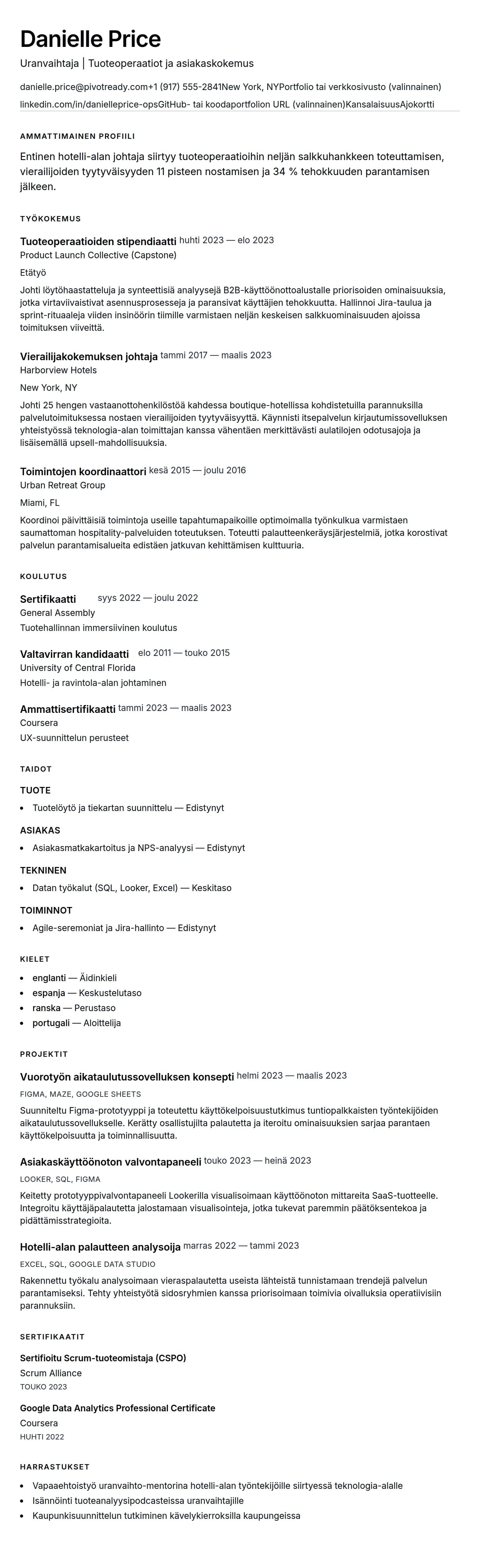 Ansioluetteloesikatselu kohteelle Uranvaihdon ansioluettelo esimerkki
