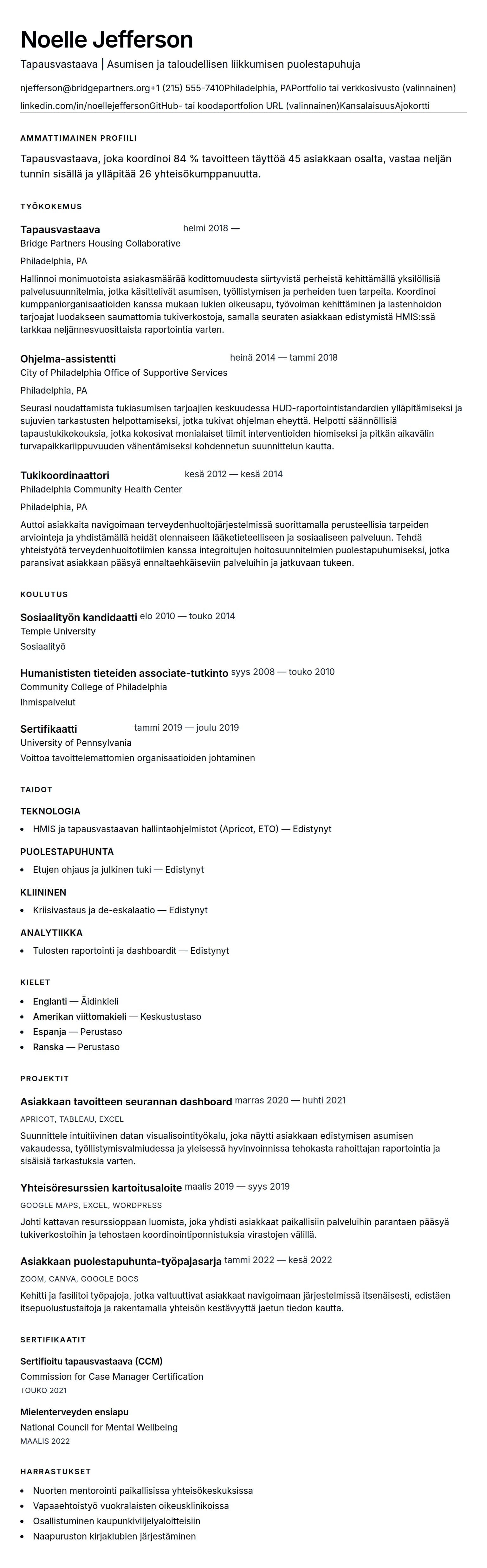 Ansioluetteloesikatselu kohteelle Tapausvastaavan ansioluetteloesimerkki