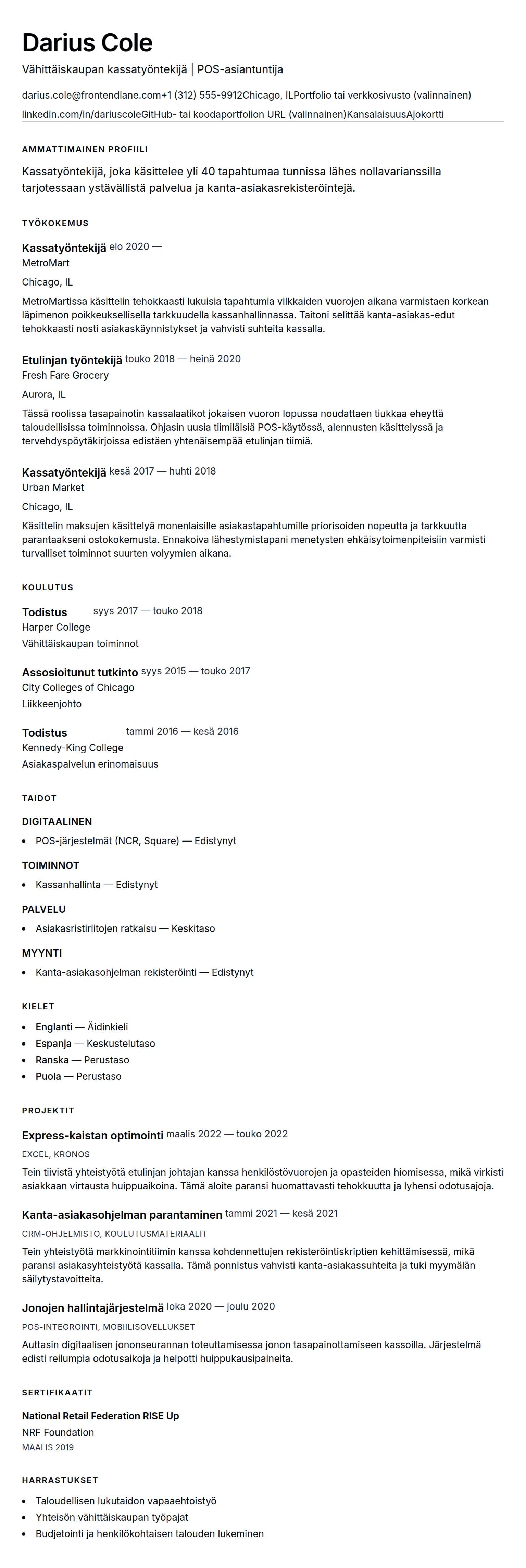 Ansioluetteloesikatselu kohteelle Kassatyöntekijän ansioluettelon esimerkki