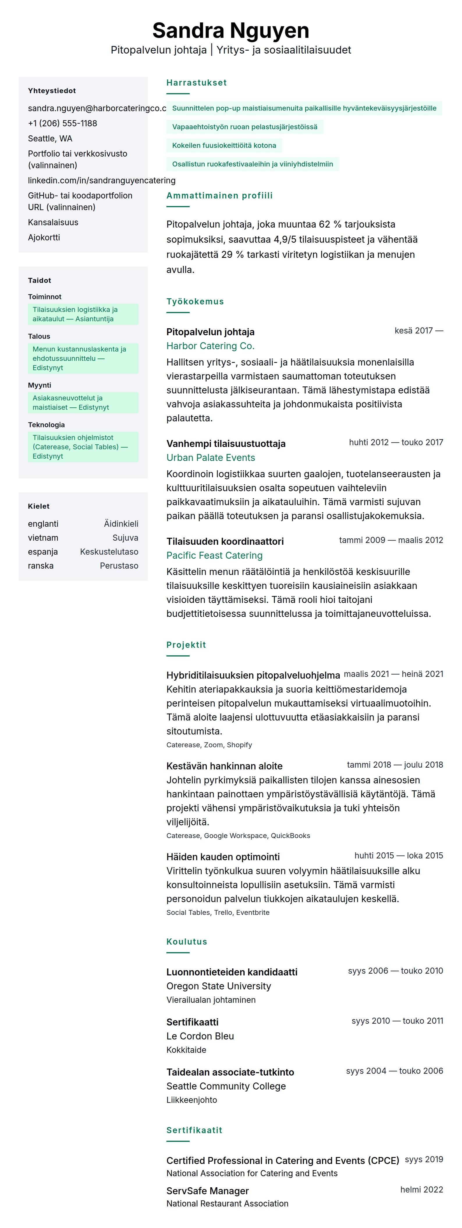 Ansioluetteloesikatselu kohteelle Pitopalvelijan ansioluetteloesimerkki